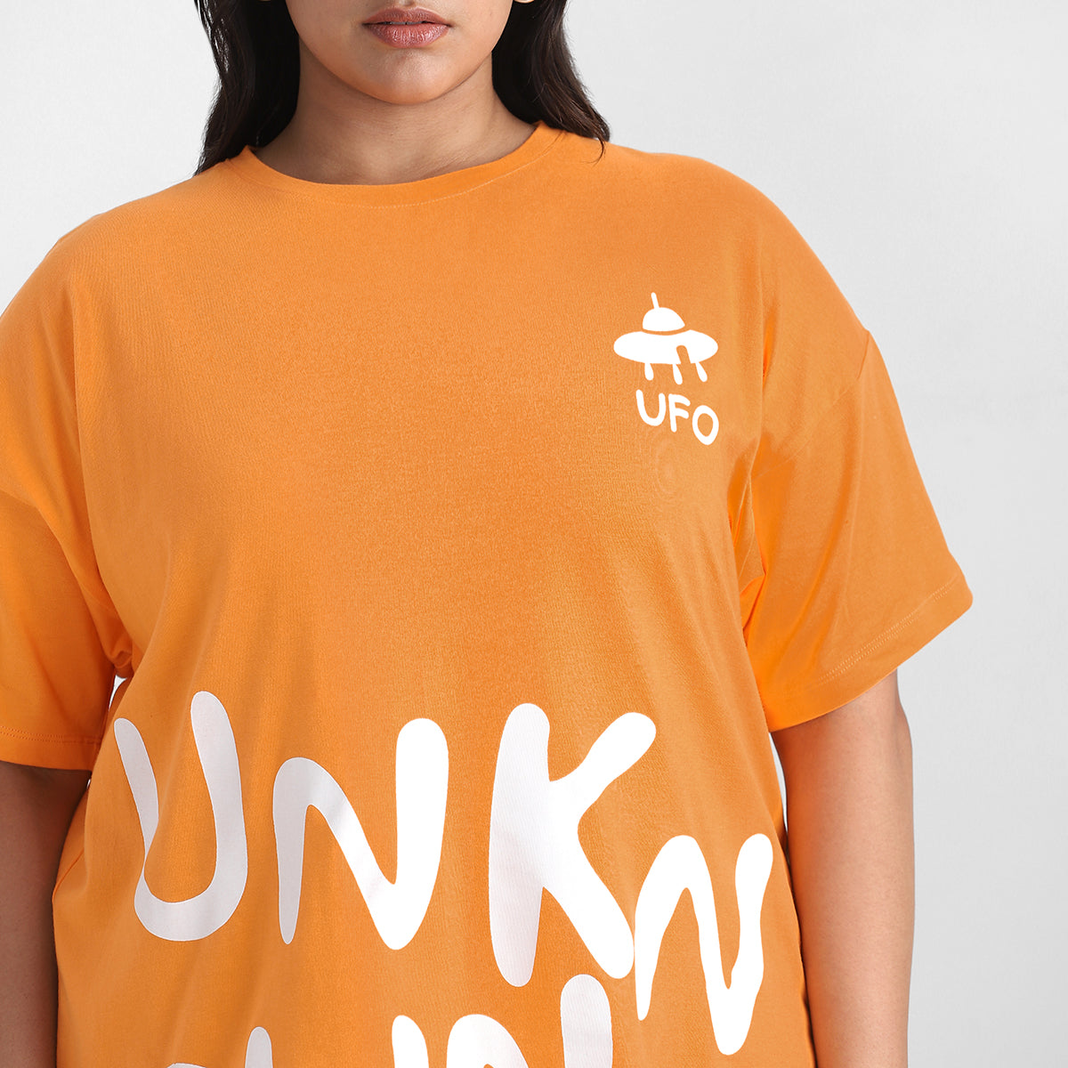 Orange Unknown Plus Size Chest Print Cotton Tee