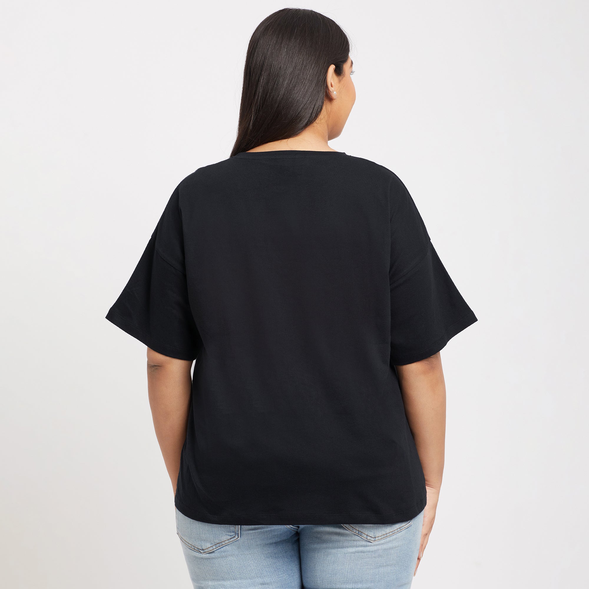 Black Abstract Plus Size Chest Print Cotton Tee