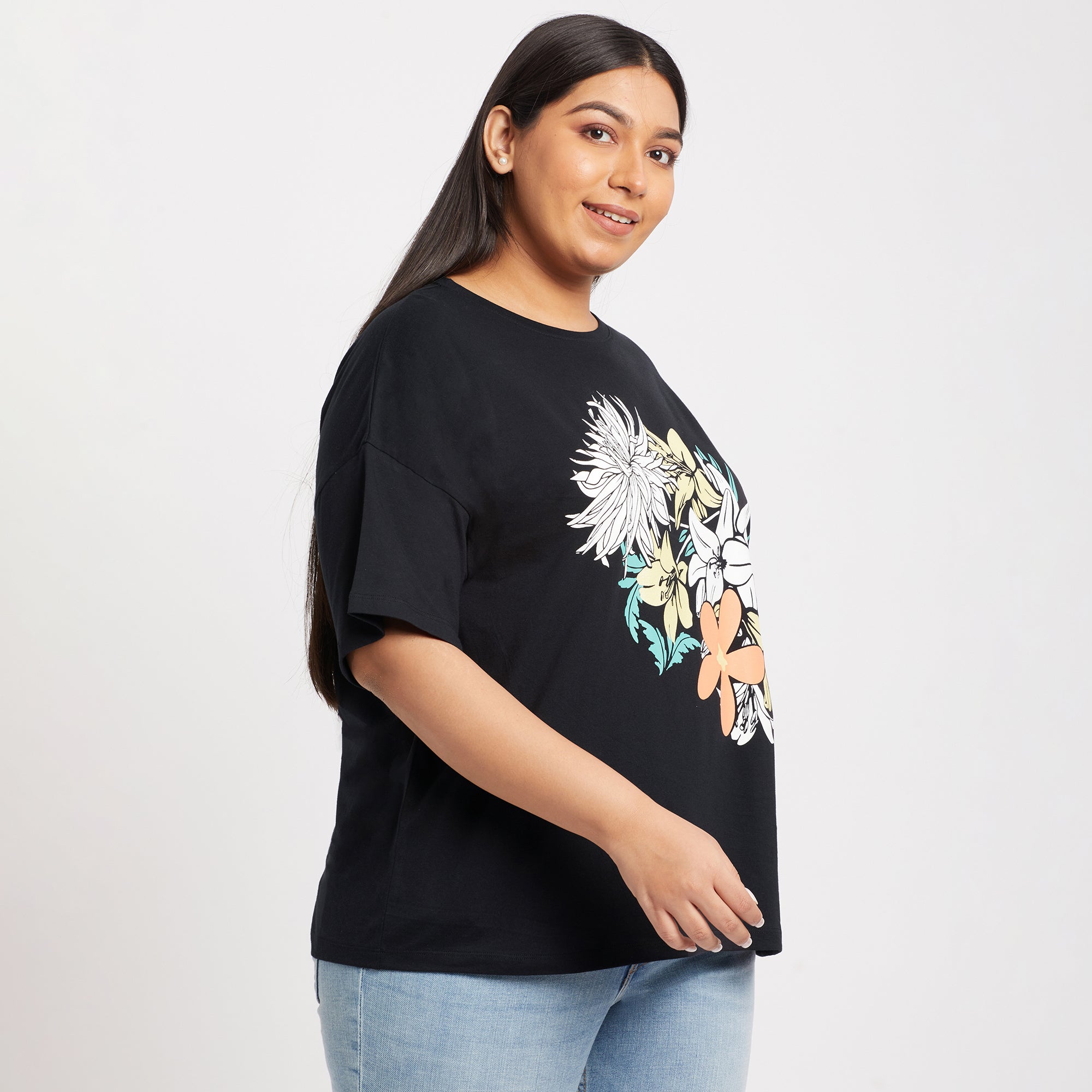 Black Abstract Plus Size Chest Print Cotton Tee