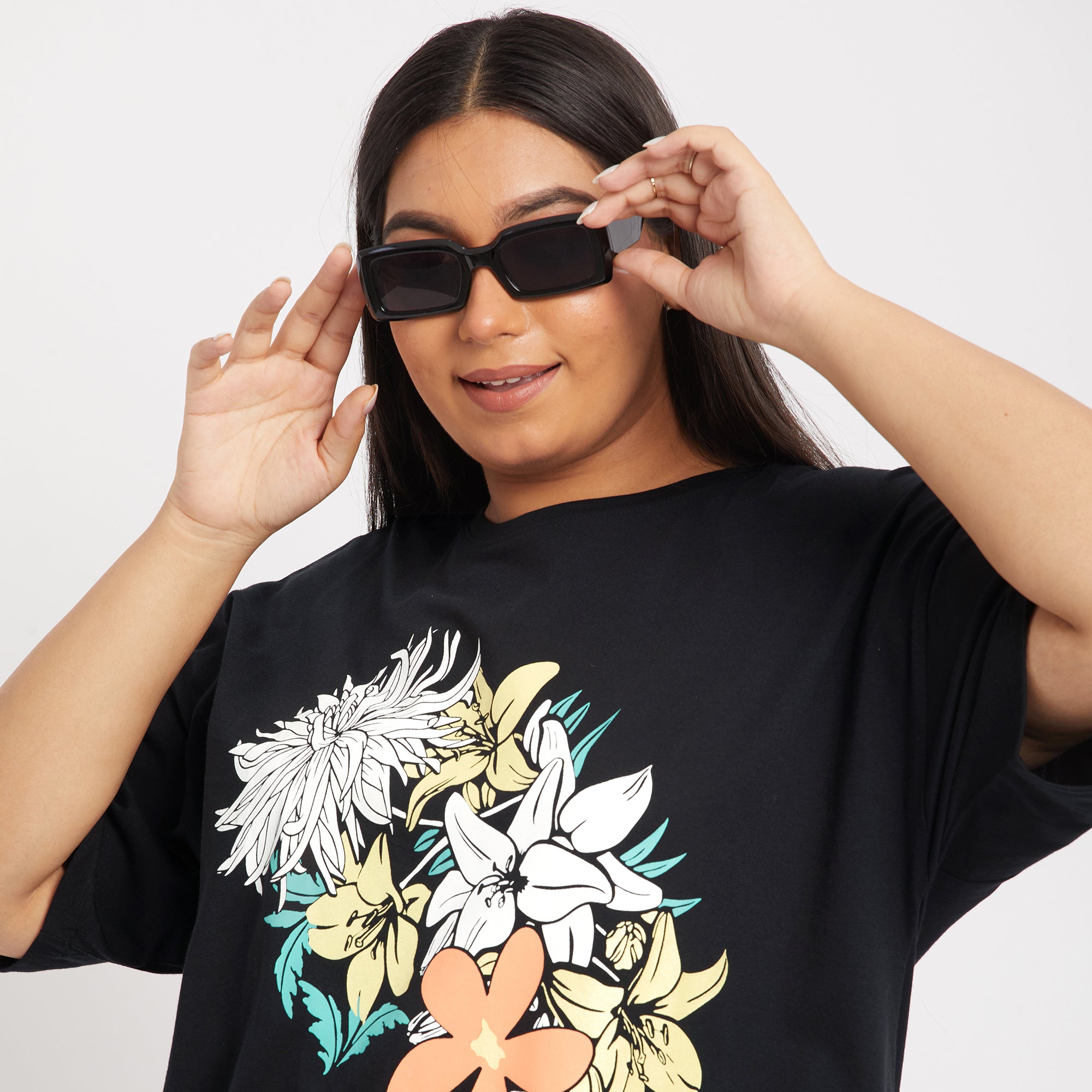 Black Abstract Plus Size Chest Print Cotton Tee