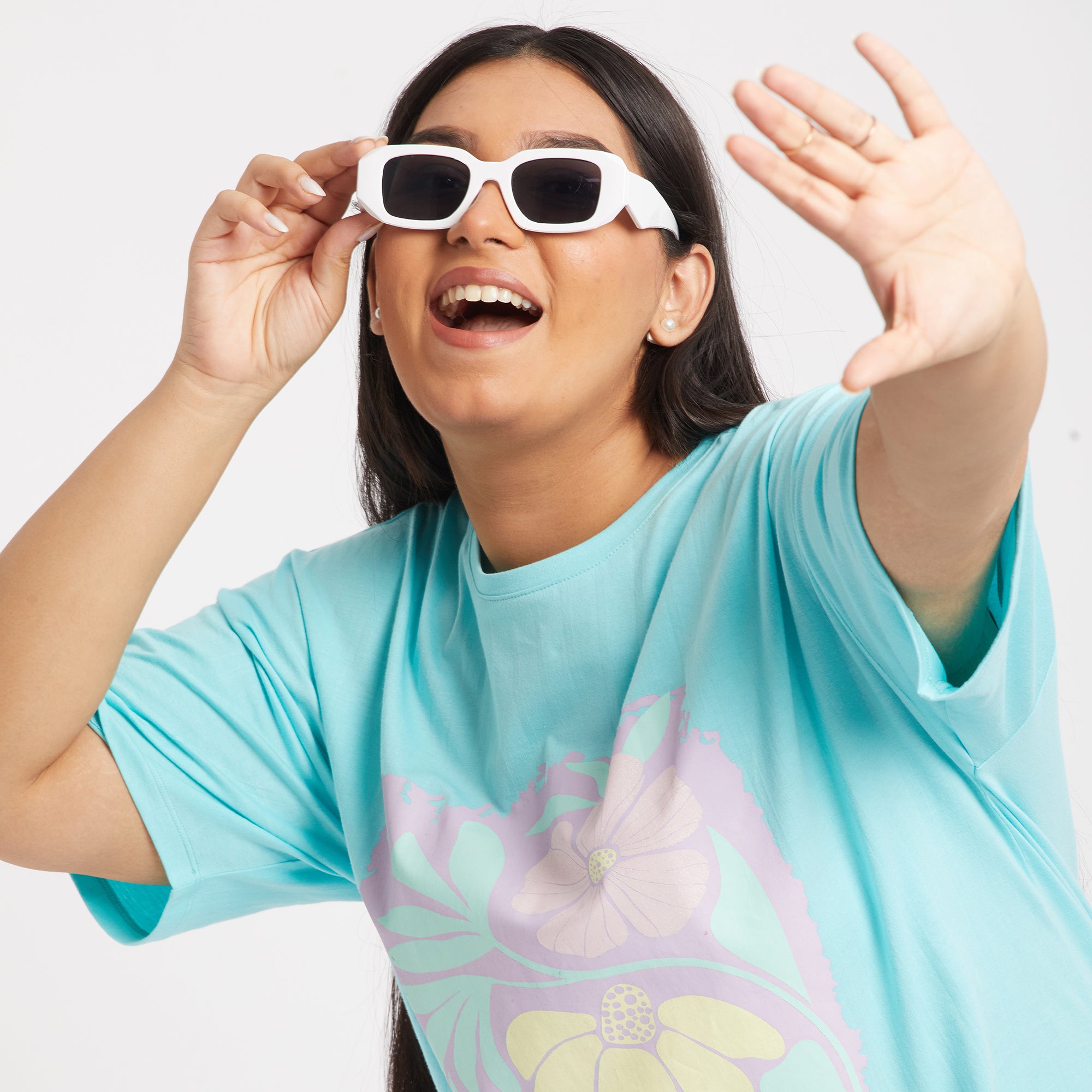 Sky Blue Floral Plus Size Chest Print Cotton Tee