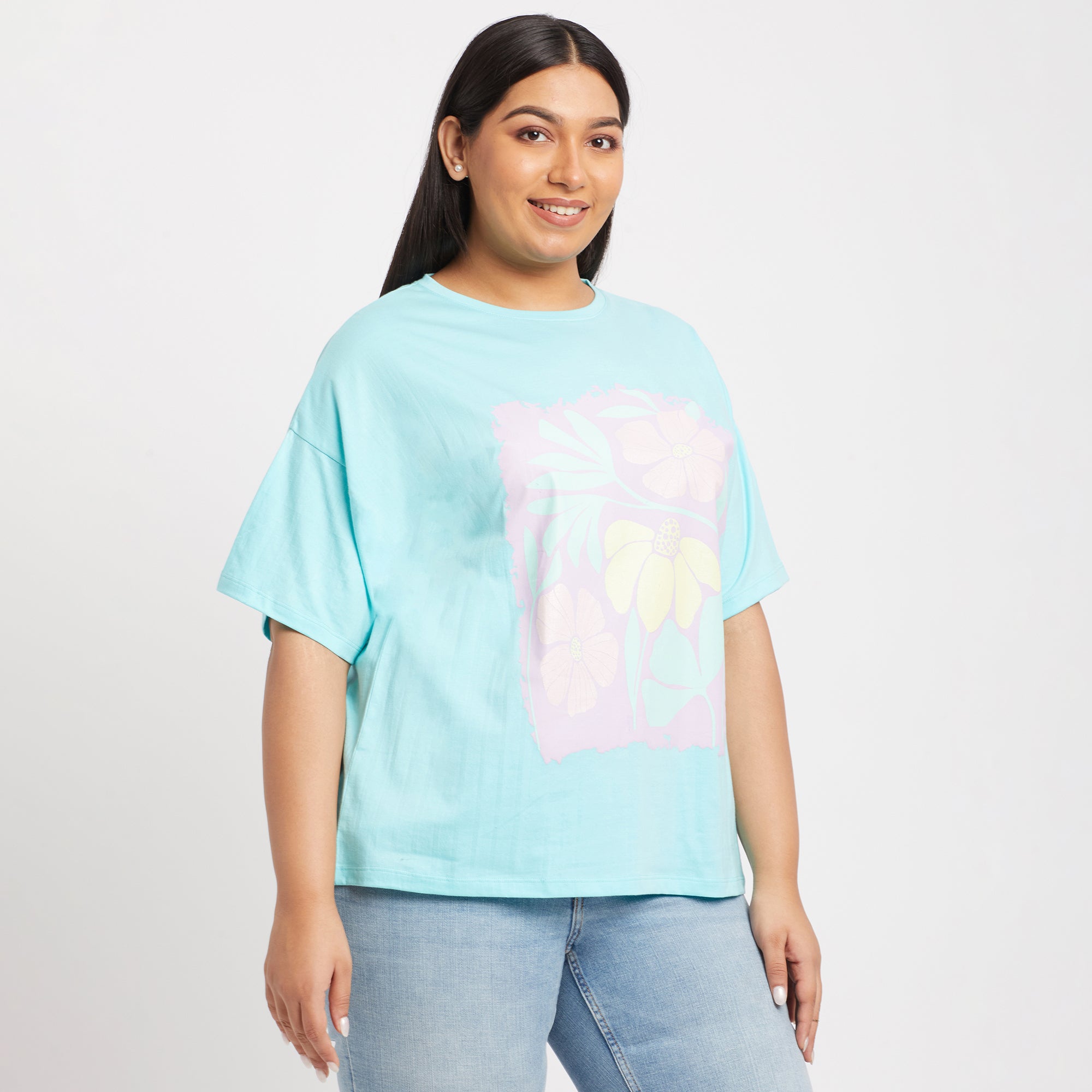 Sky Blue Floral Plus Size Chest Print Cotton Tee