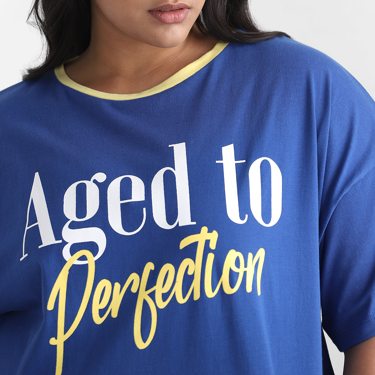 Royal Blue Contrast Plus Size Chest Print Cotton Tee