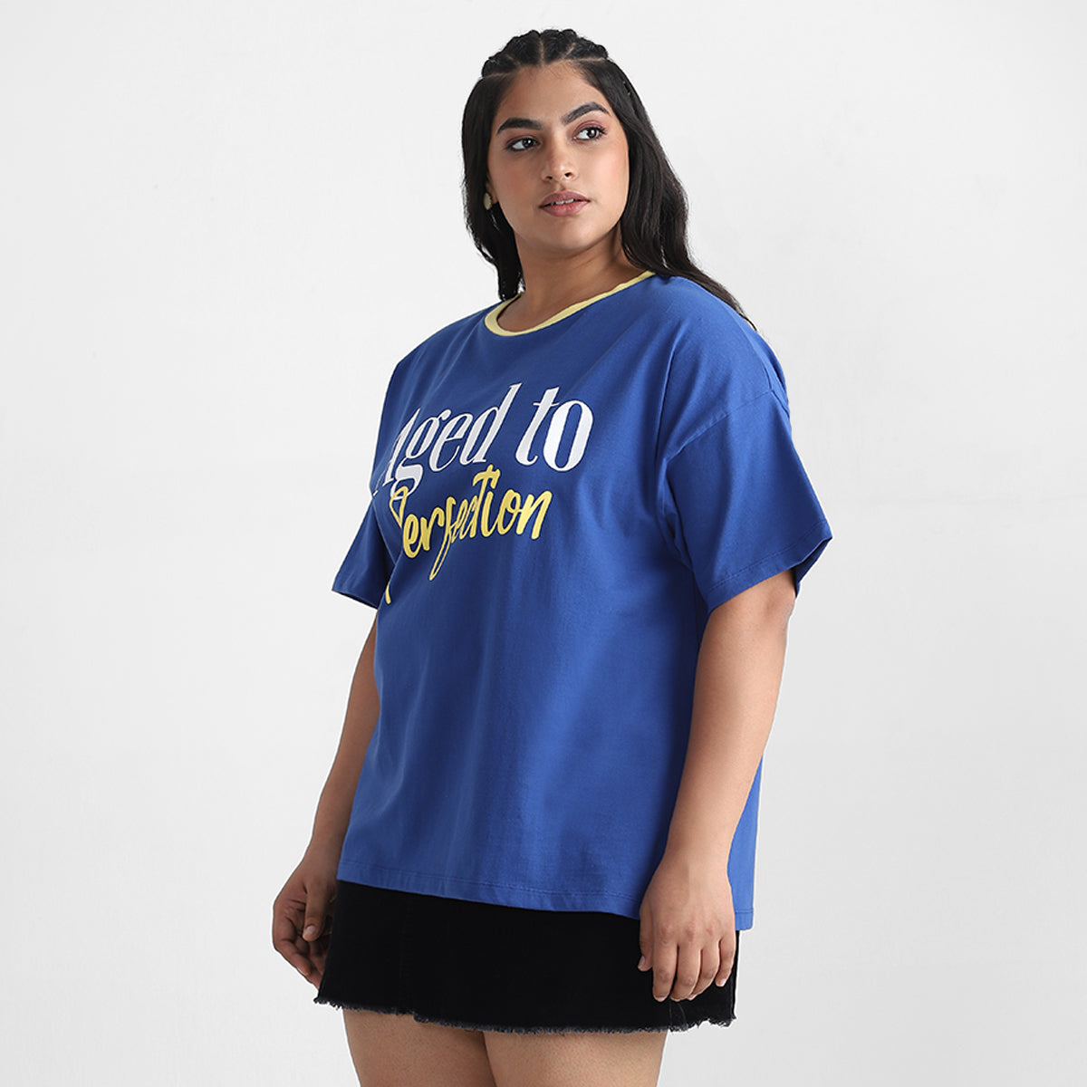 Royal Blue Contrast Plus Size Chest Print Cotton Tee