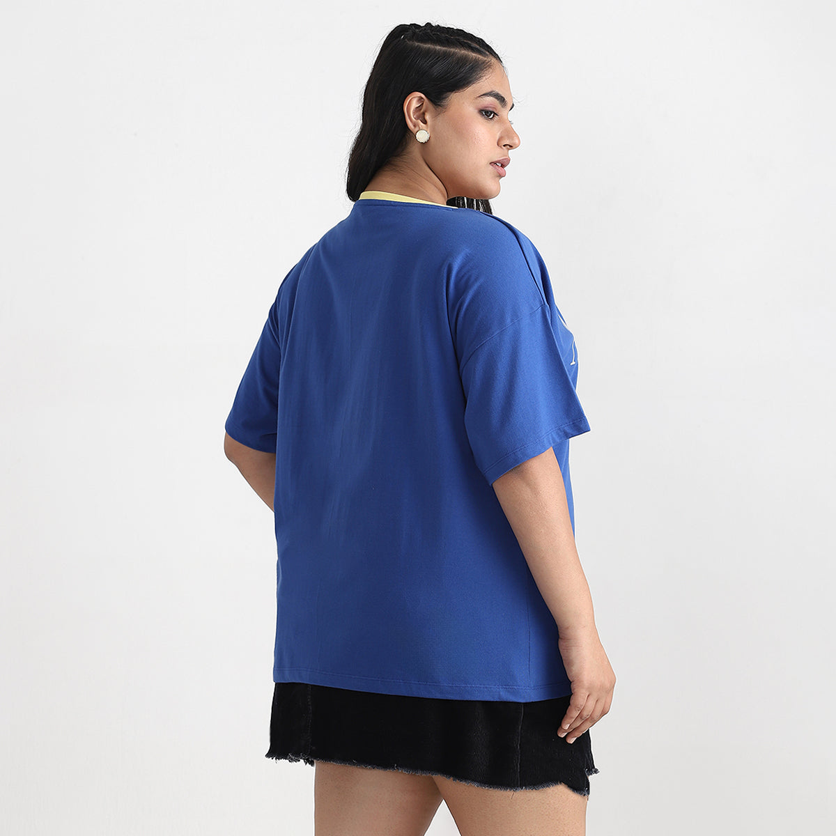 Royal Blue Contrast Plus Size Chest Print Cotton Tee