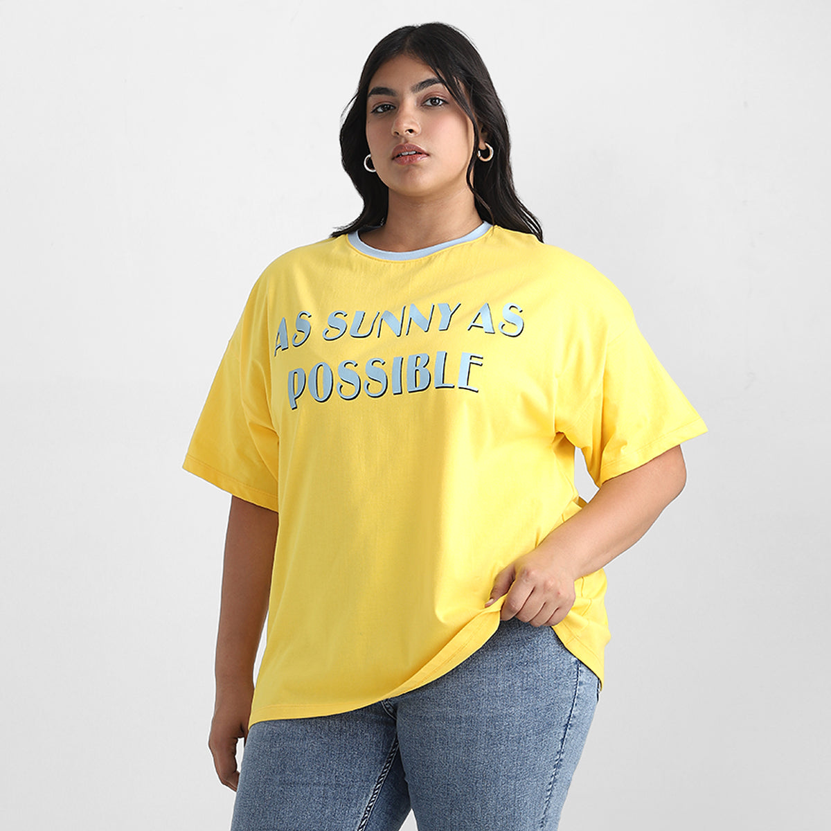 Yellow Contrast Plus Size Chest Print Cotton Tee