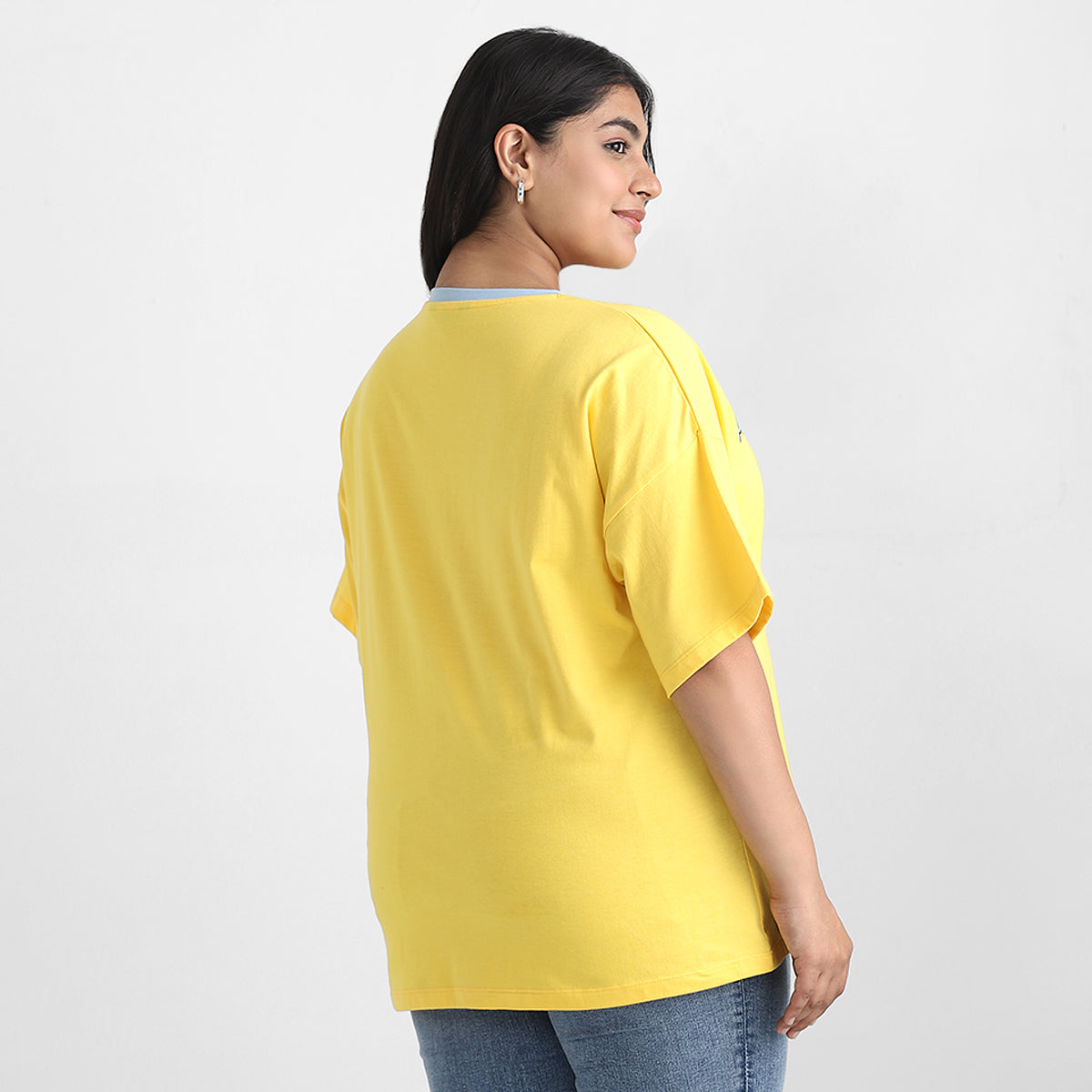 Yellow Contrast Plus Size Chest Print Cotton Tee