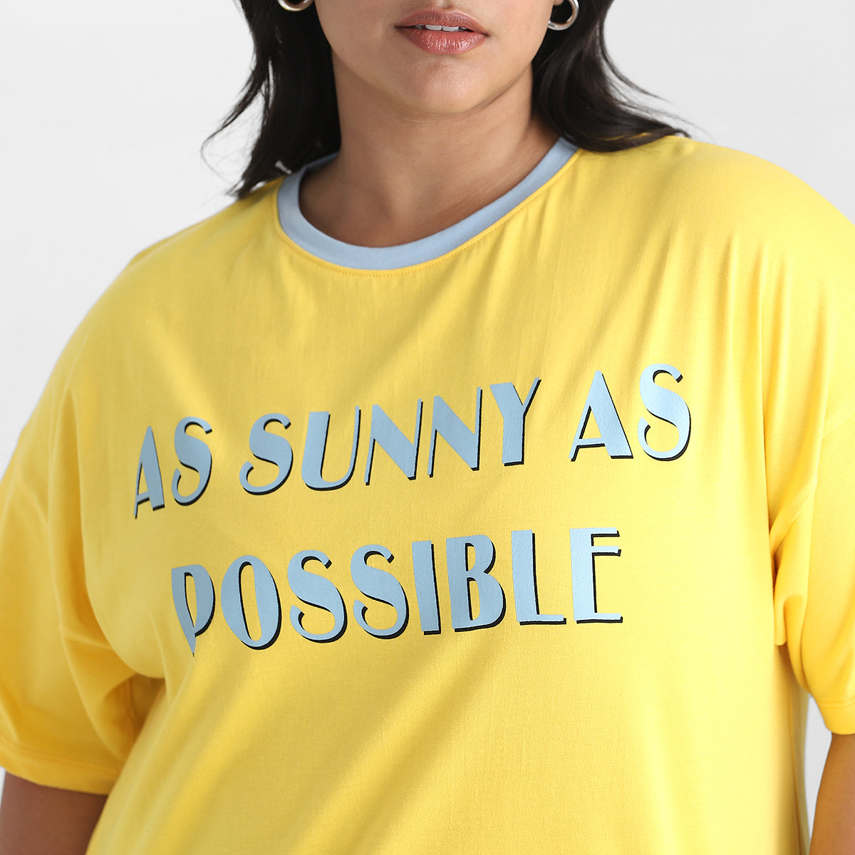 Yellow Contrast Plus Size Chest Print Cotton Tee