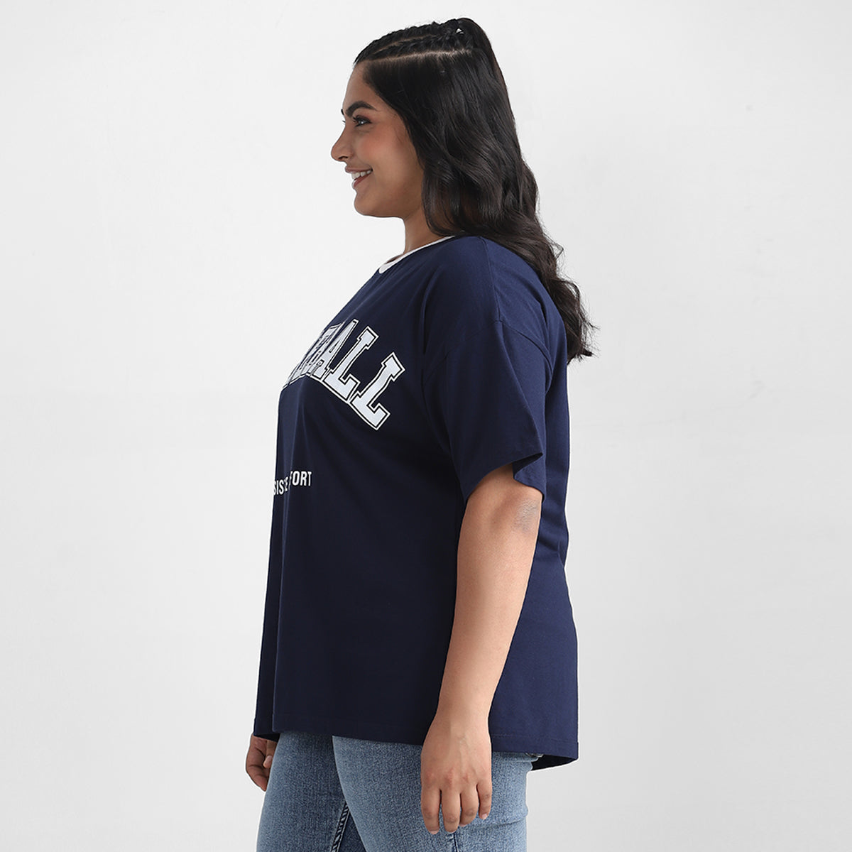 Navy Blue Plus Size Chest Print Cotton Tee