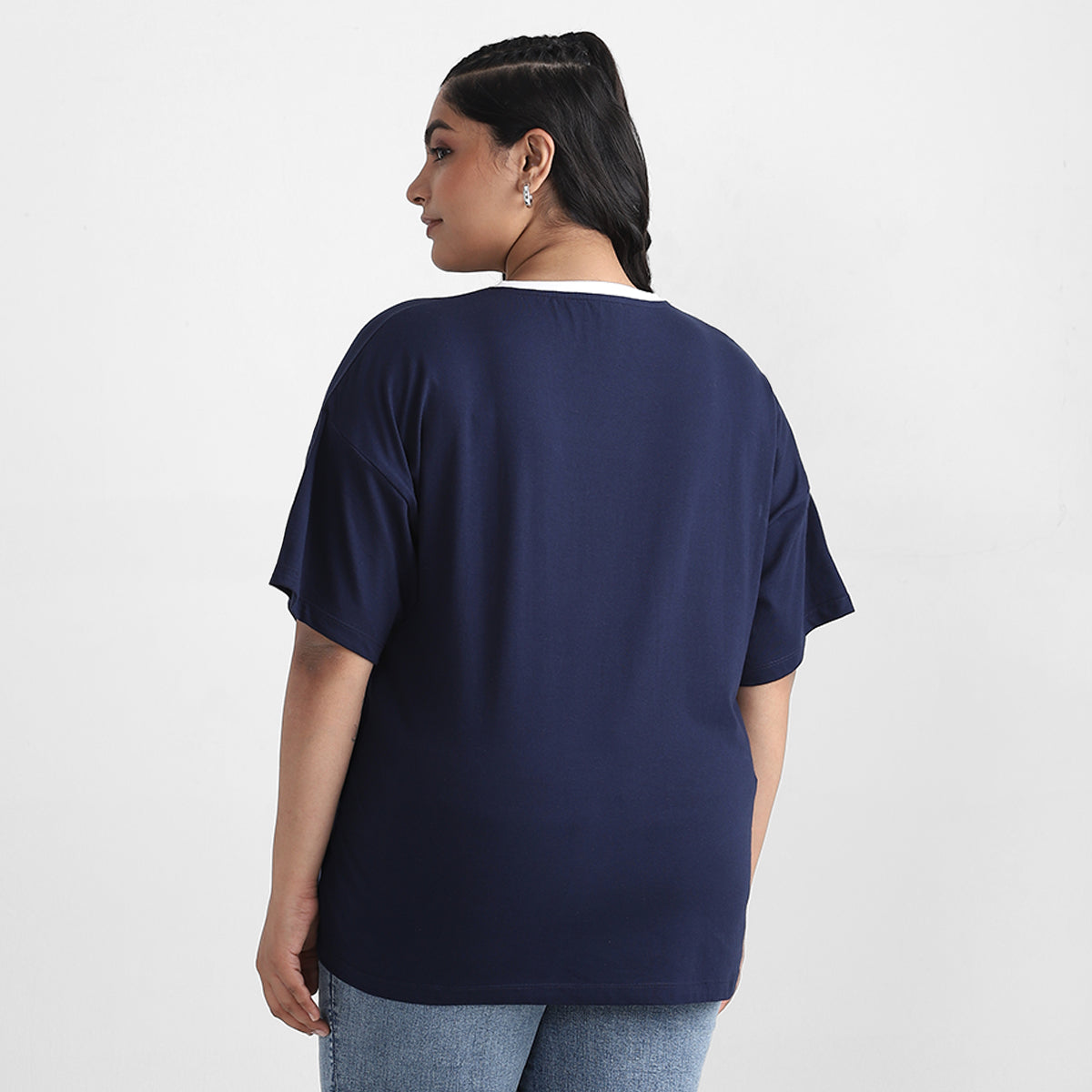 Navy Blue Plus Size Chest Print Cotton Tee