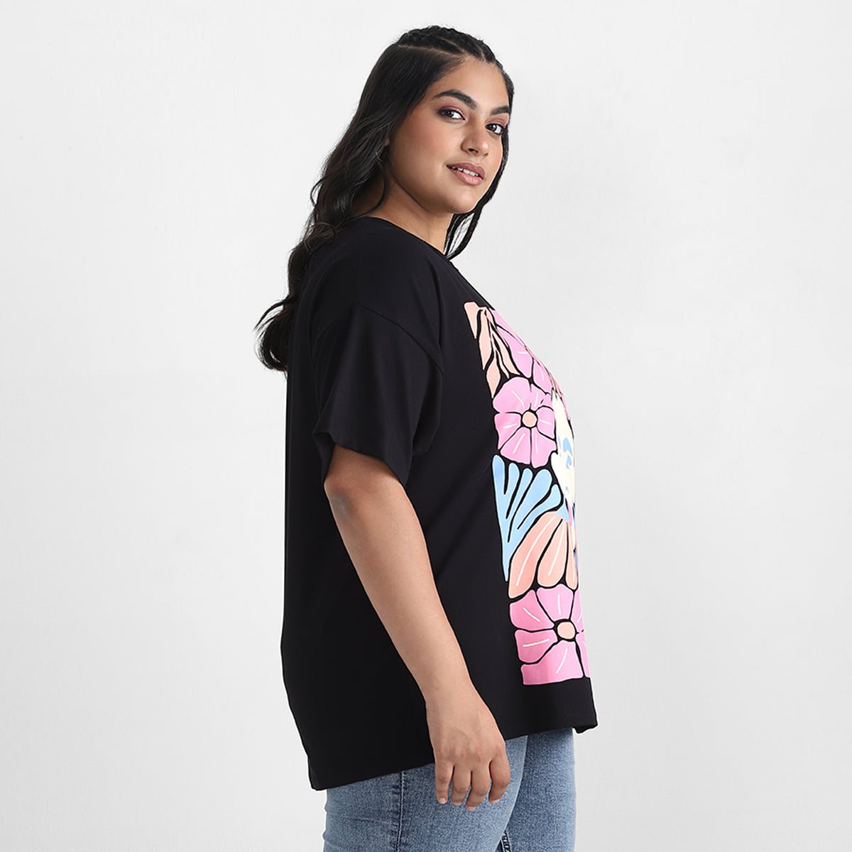 Black Abstract Plus Size Chest Print Cotton Tee