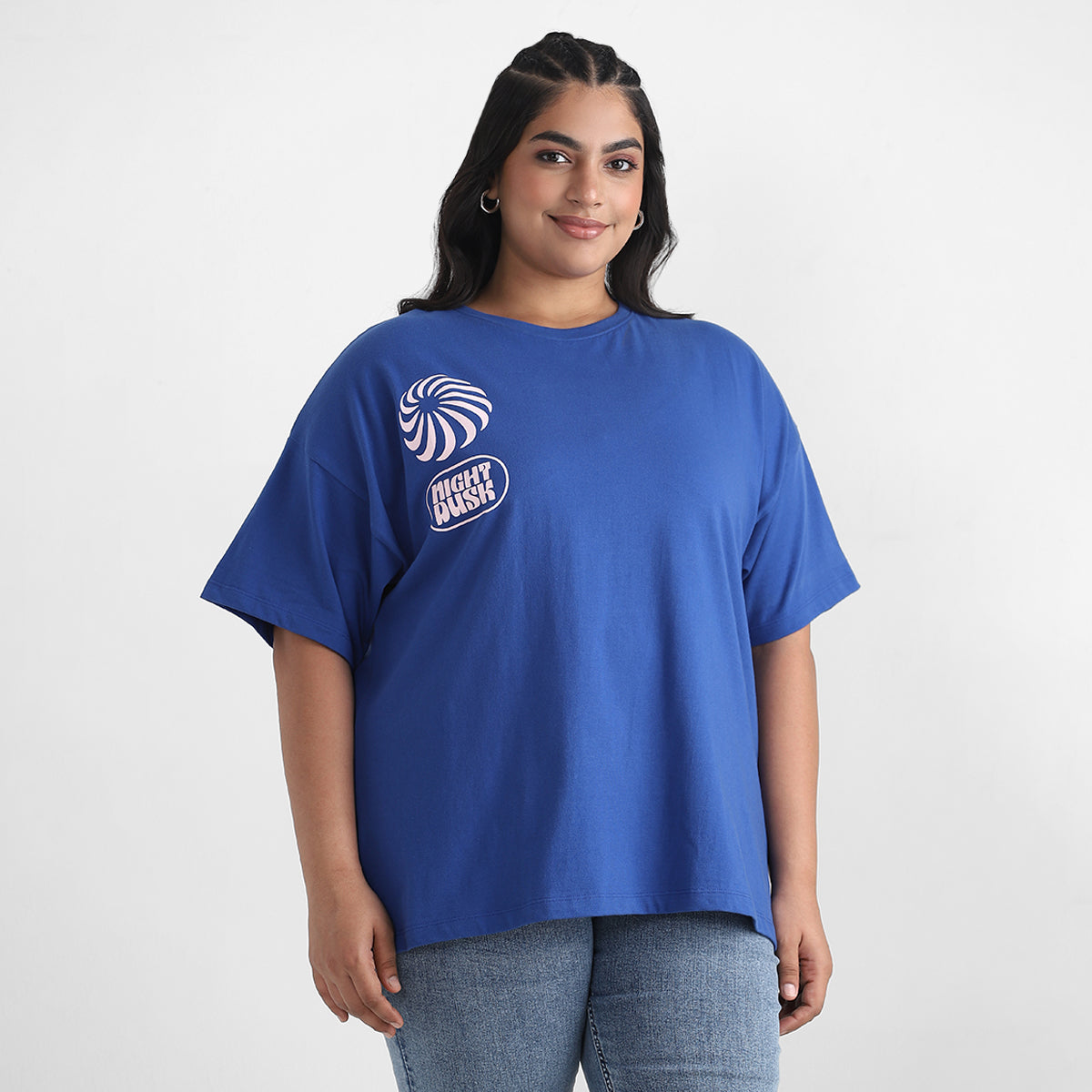 Royal Blue Plus Size Chest Print Cotton Tee