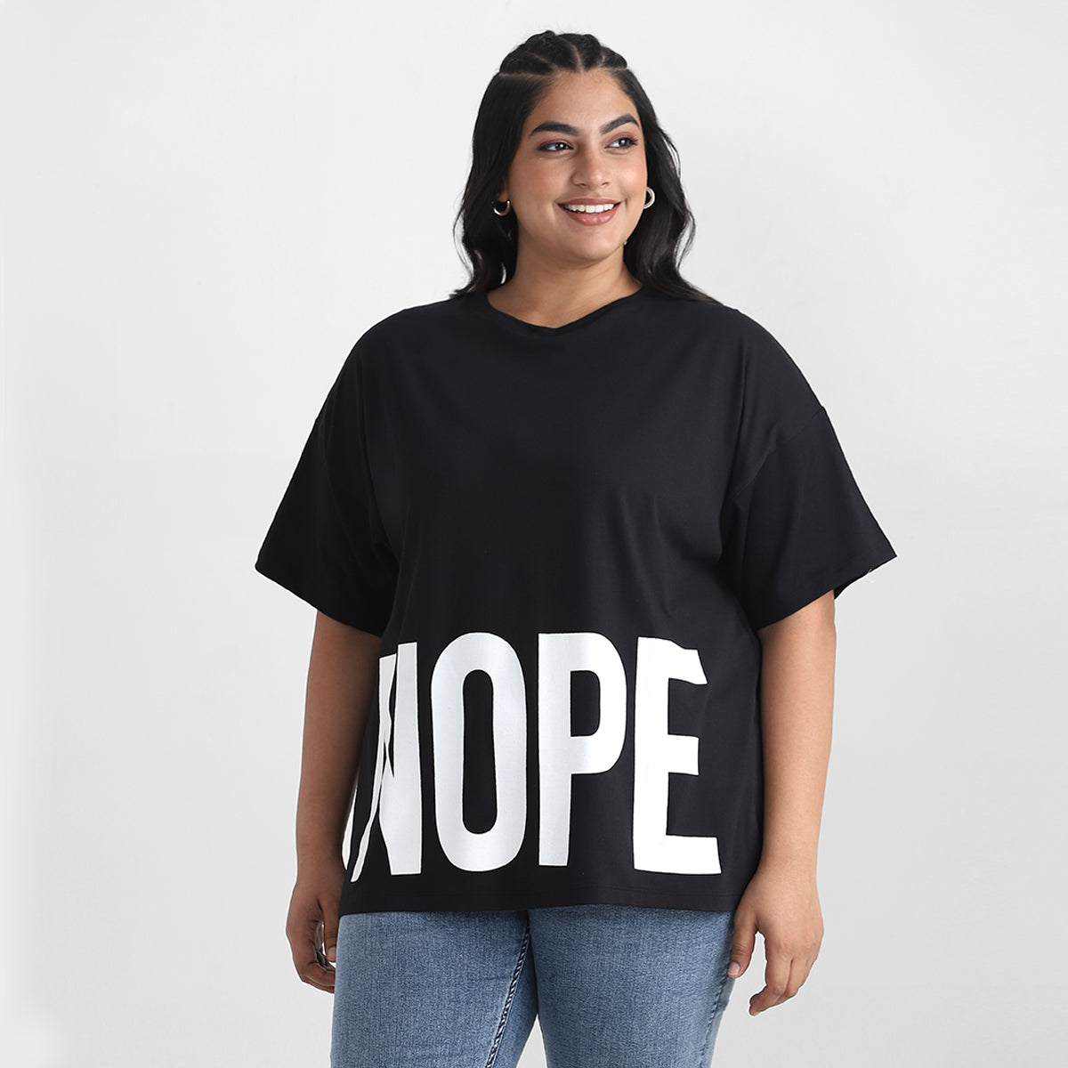 Black Nope Plus Size Chest Print Cotton Tee