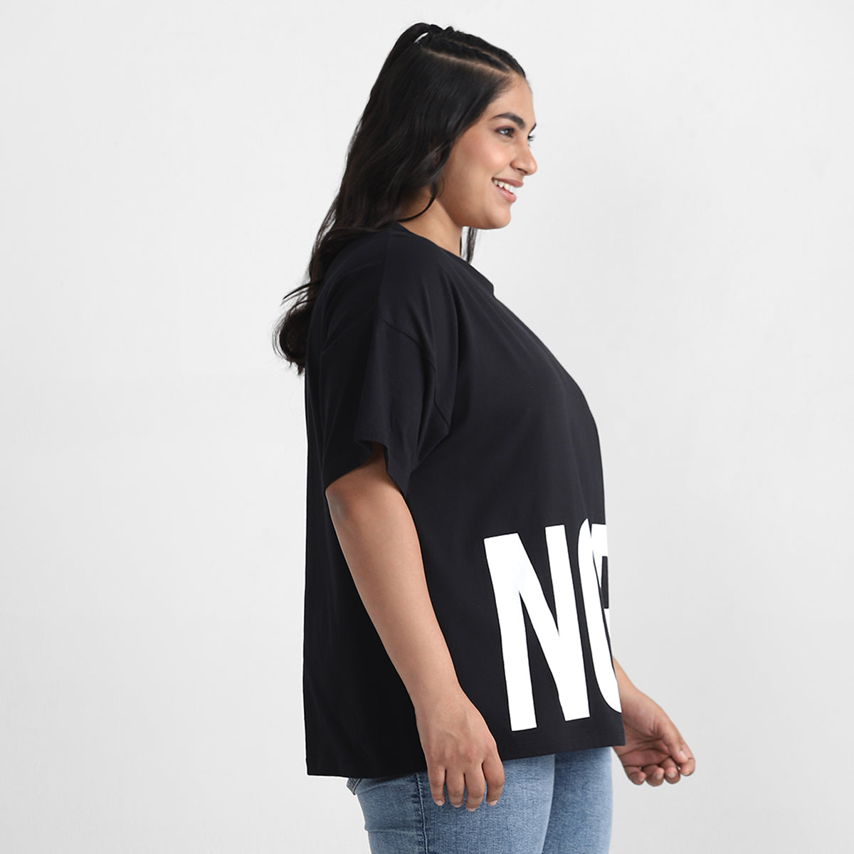 Black Nope Plus Size Chest Print Cotton Tee