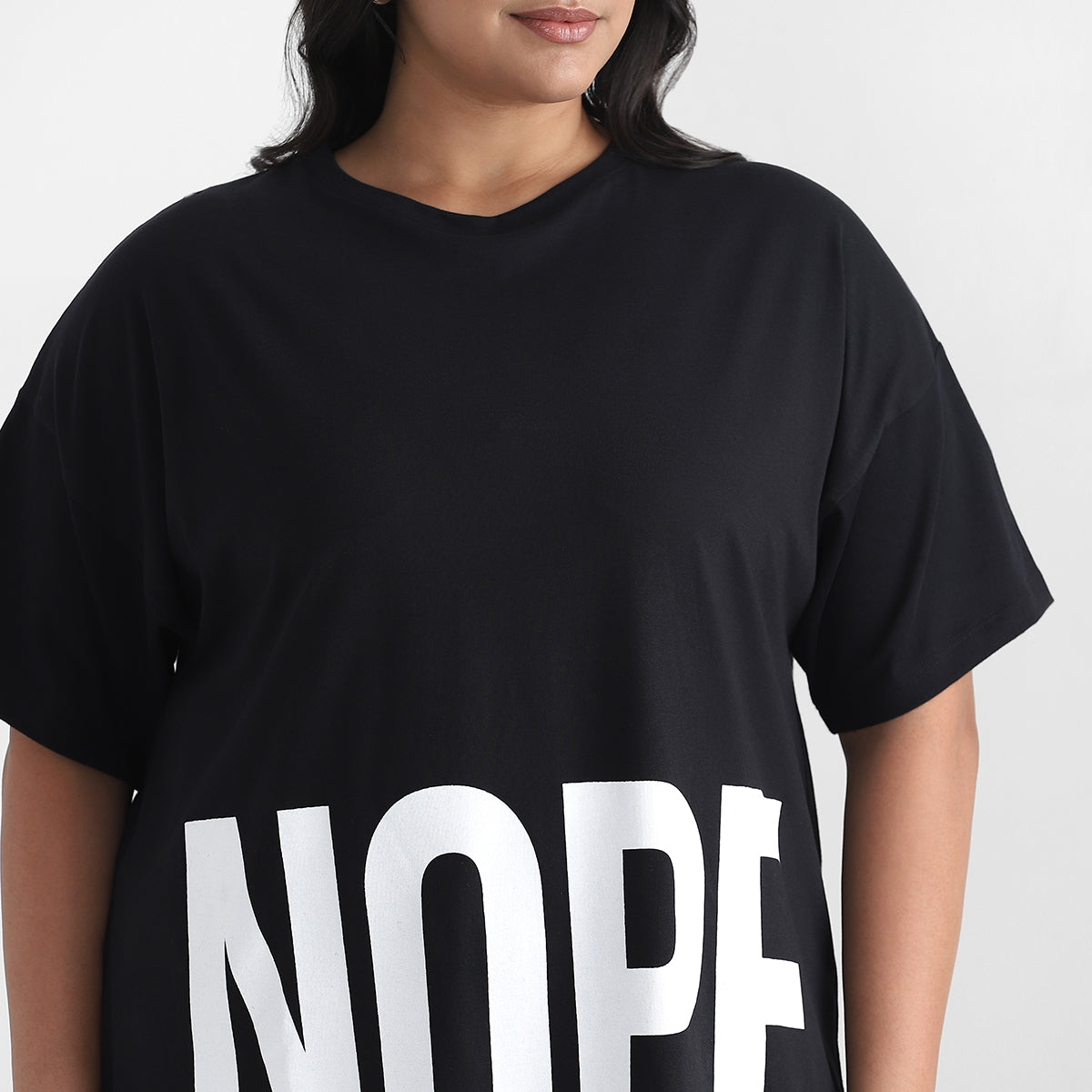 Black Nope Plus Size Chest Print Cotton Tee