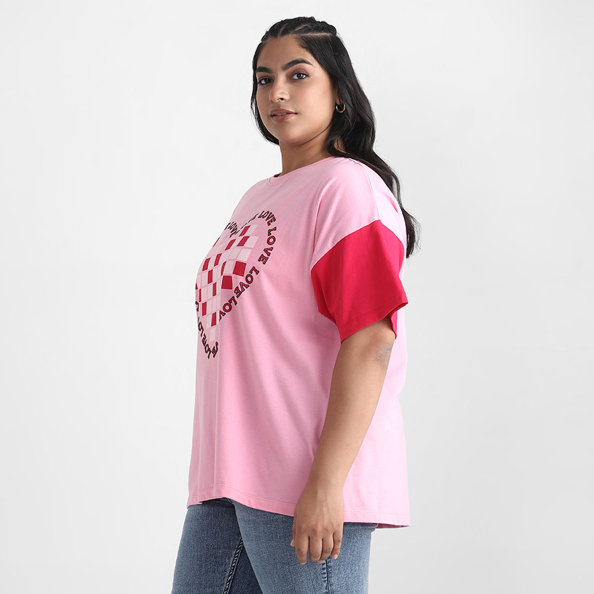 Pink Color Block Plus Size Chest Print Cotton Tee