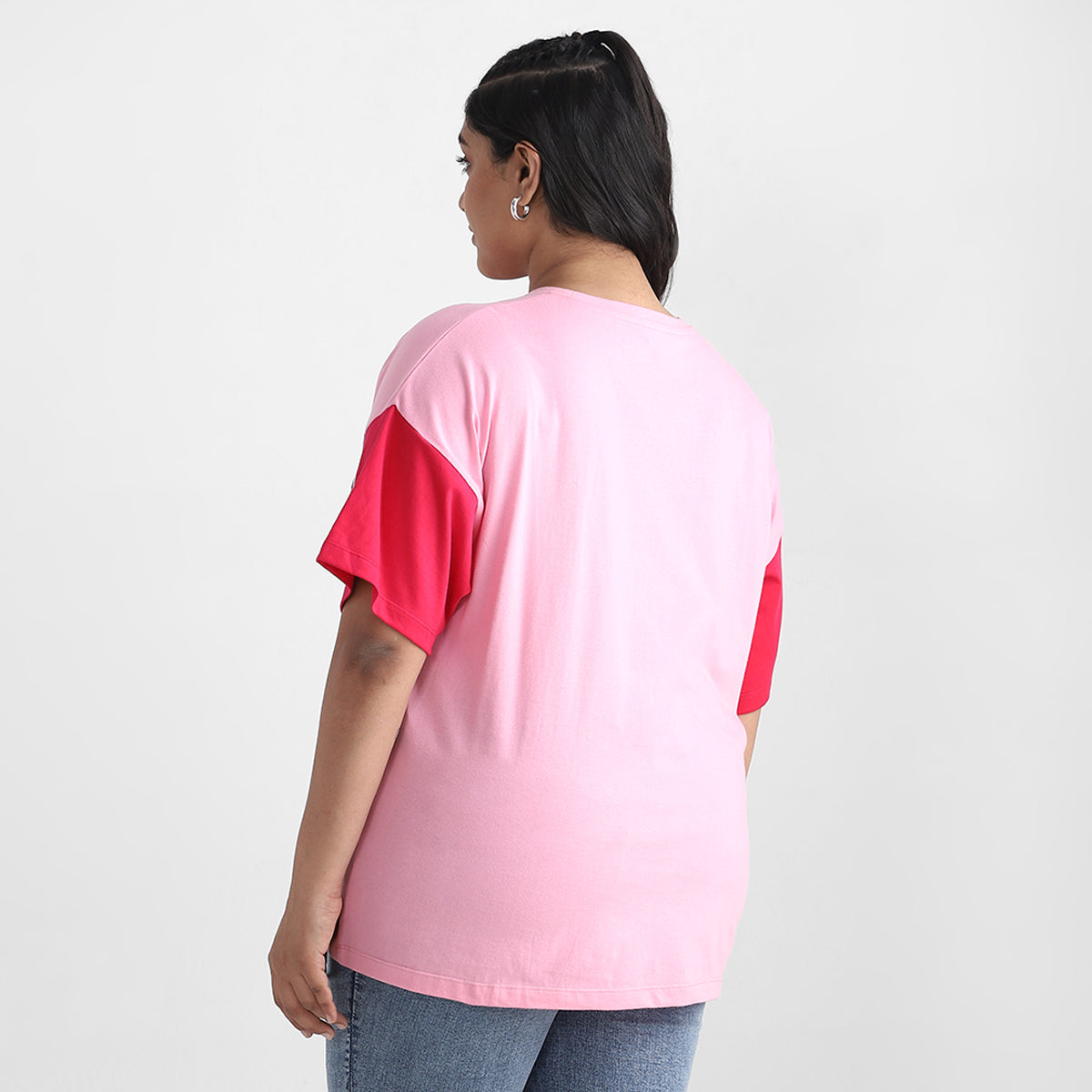 Pink Color Block Plus Size Chest Print Cotton Tee