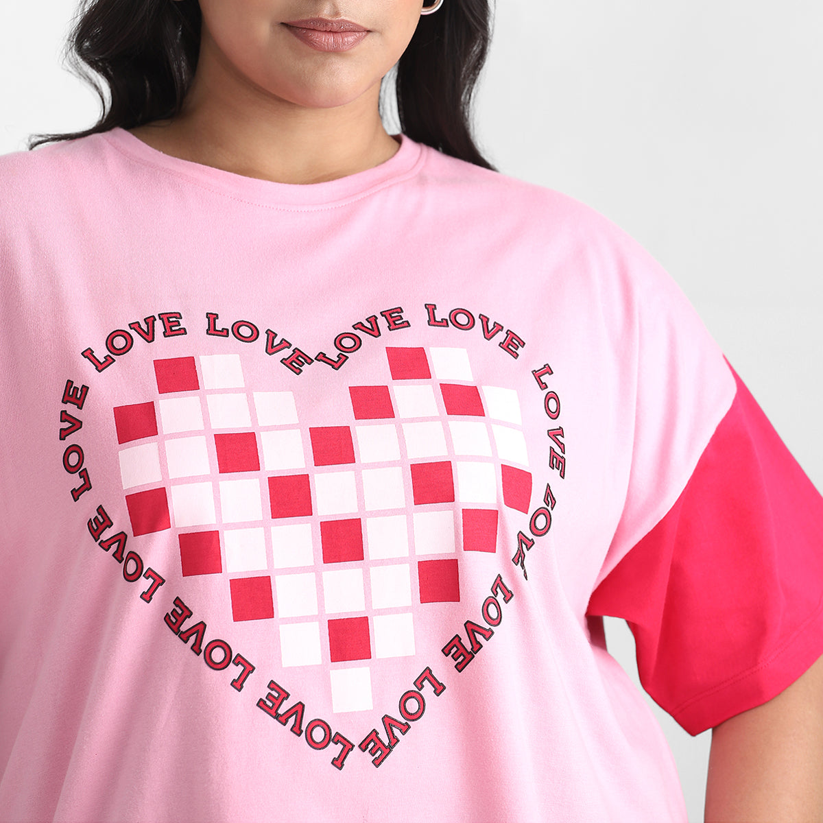 Pink Color Block Plus Size Chest Print Cotton Tee