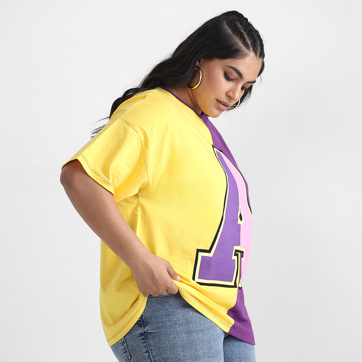 Purple Color Block Plus Size Chest Print Cotton Tee