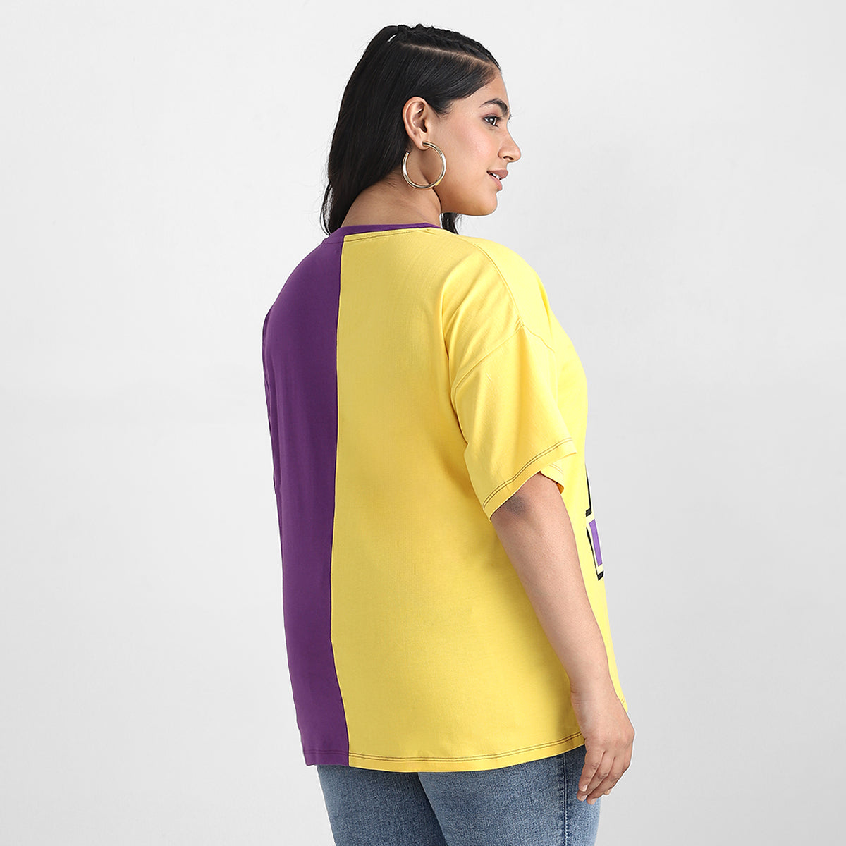 Purple Color Block Plus Size Chest Print Cotton Tee