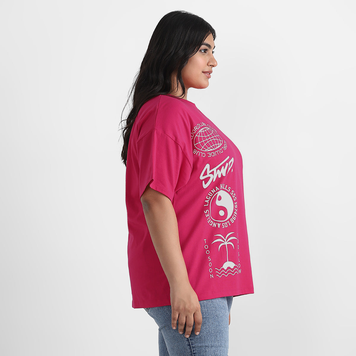 Fuchsia Ying Yang Plus Size Chest Print Cotton Tee