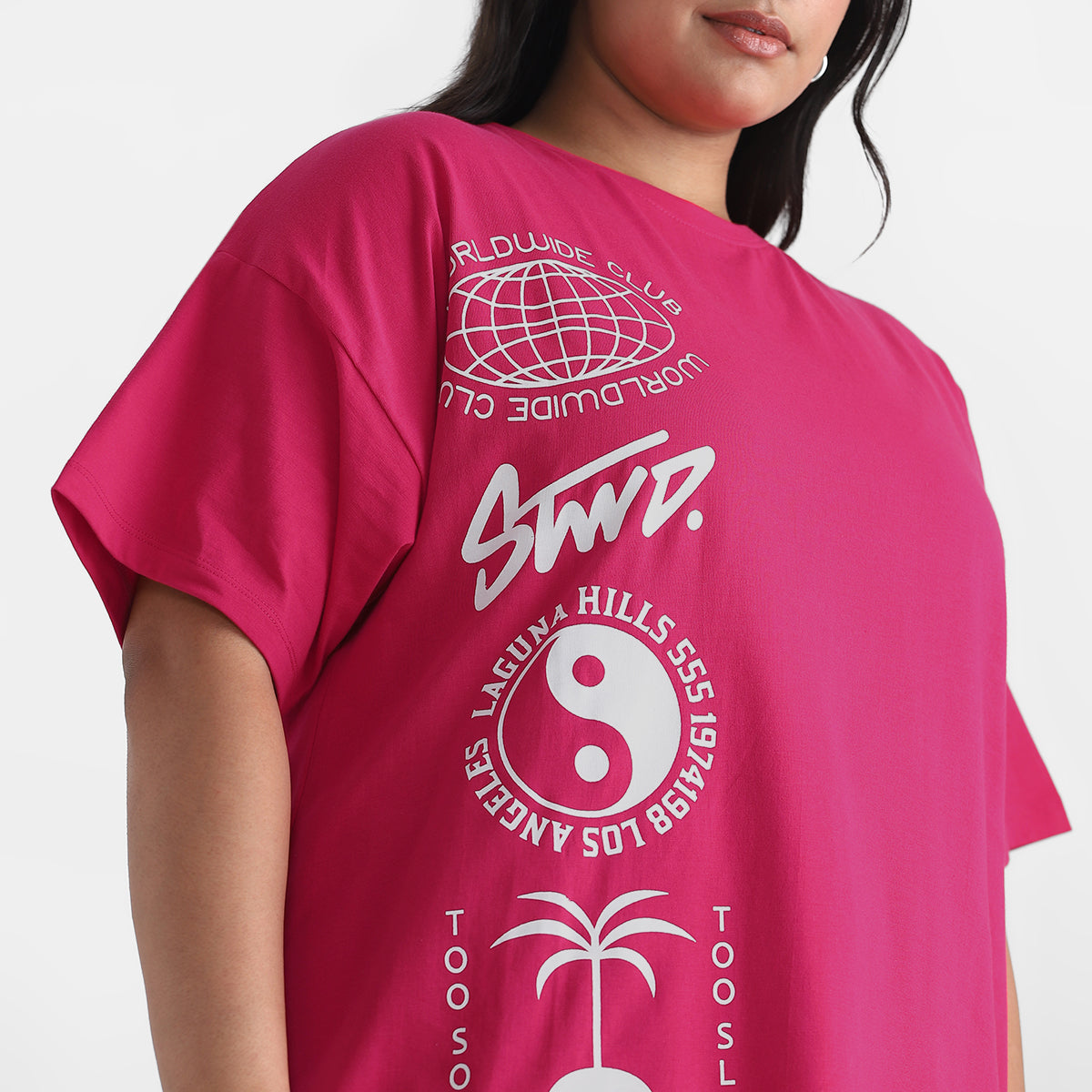 Fuchsia Ying Yang Plus Size Chest Print Cotton Tee