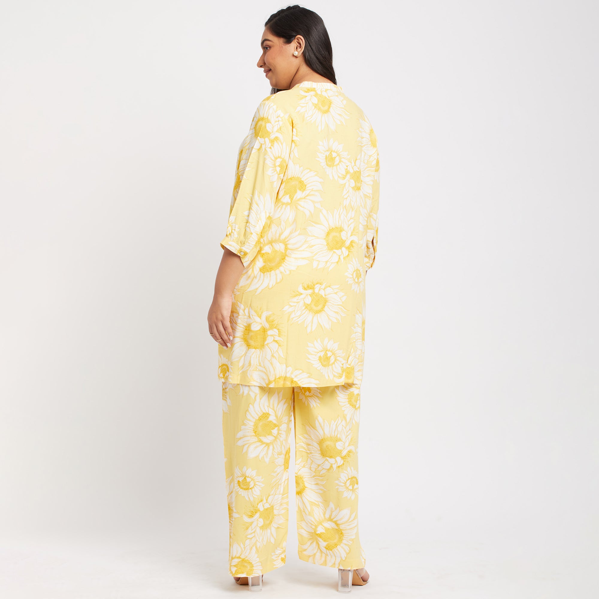 Yellow Floral Rayon Plus Size Ethnic Co-ord Set