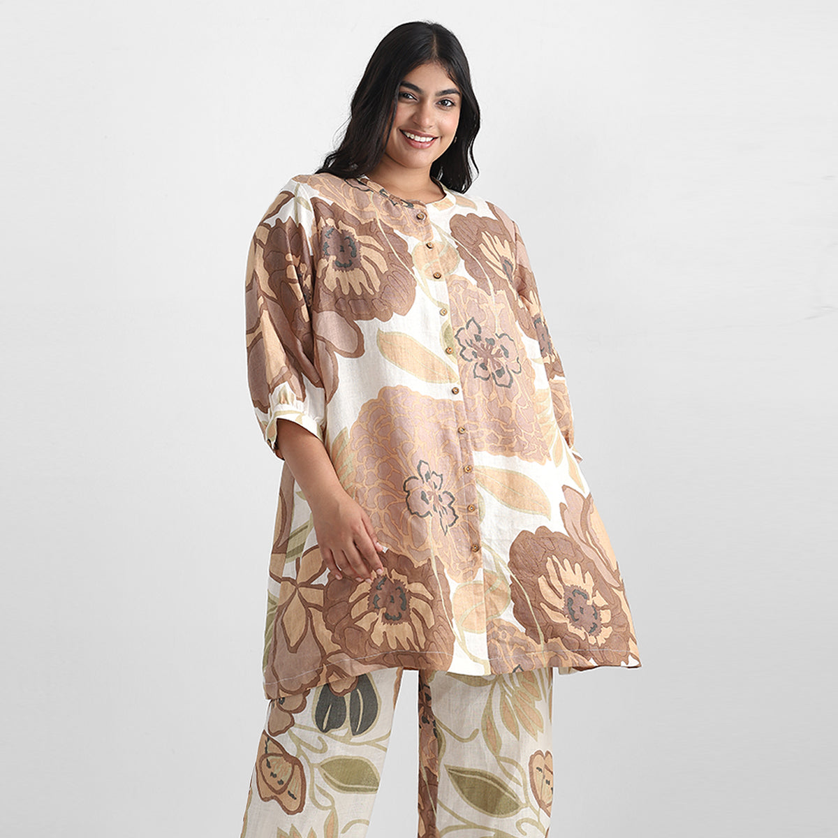 Floral Linen Plus Size Ethnic Co-ord Set