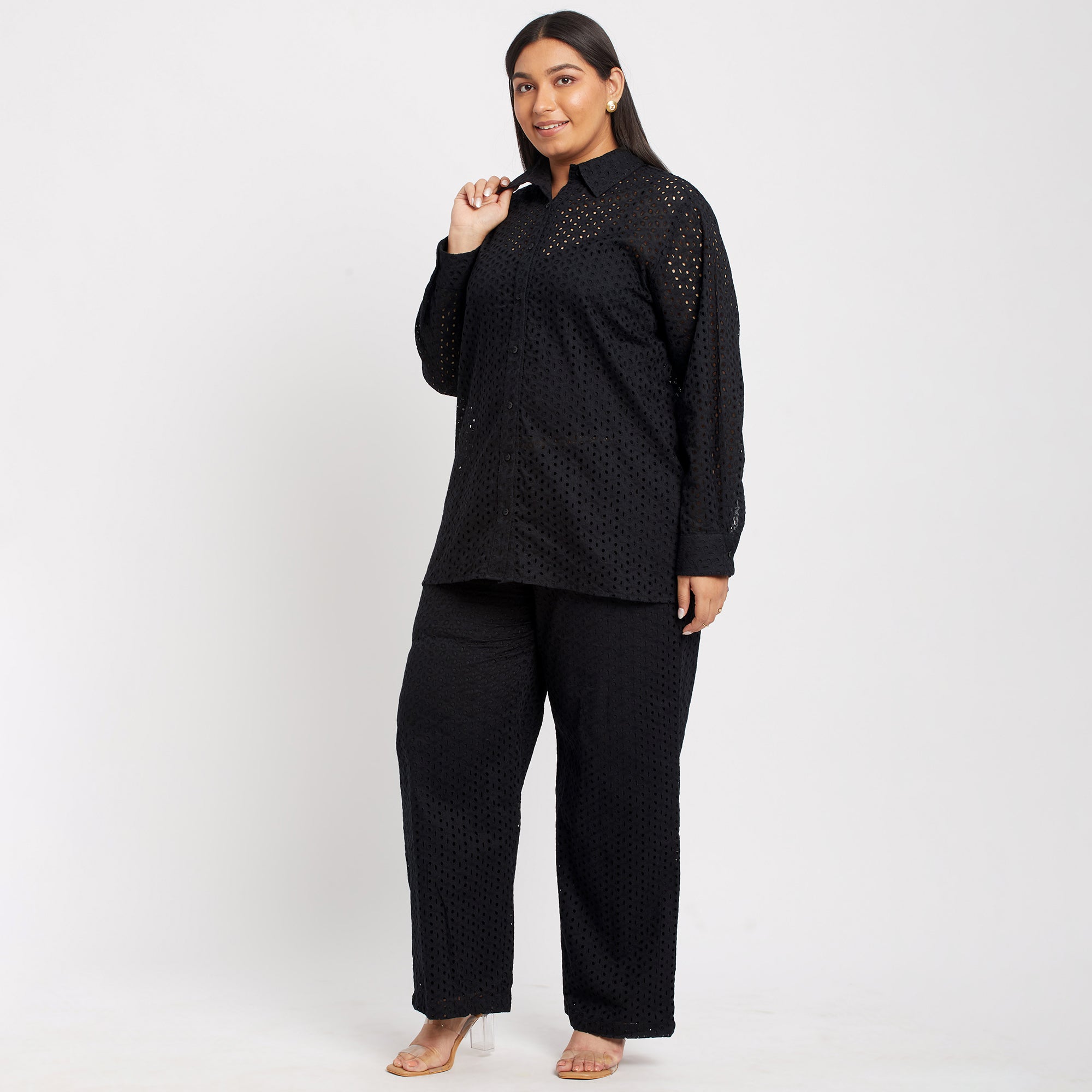 Cotton Schiffli Black Plus Size Co-ord Set