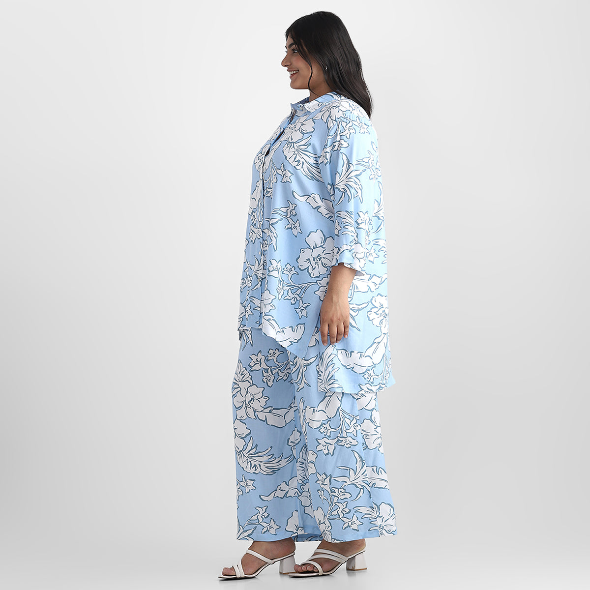 Blue Floral Rayon Plus Size Ethnic Co-ord Set