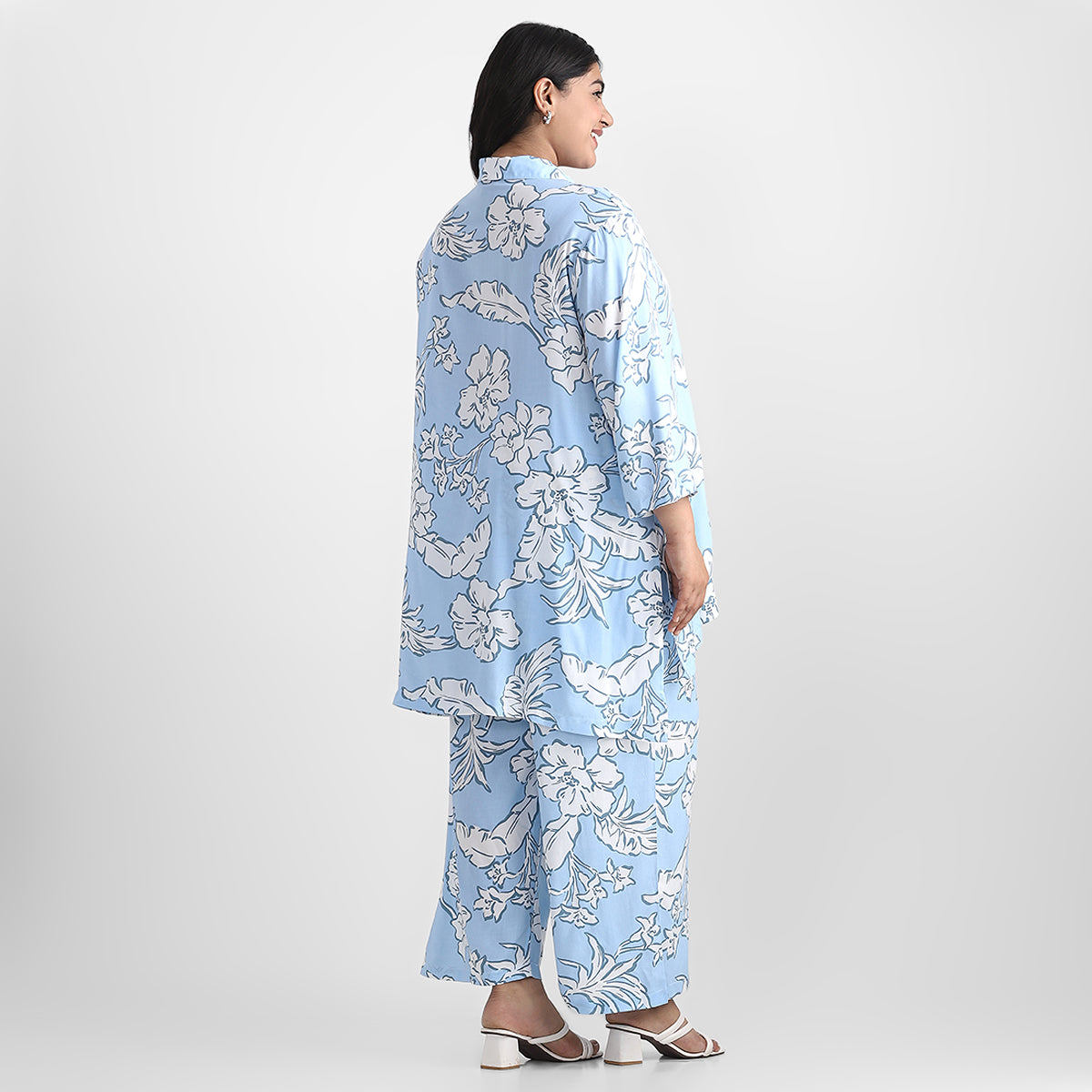 Blue Floral Rayon Plus Size Ethnic Co-ord Set