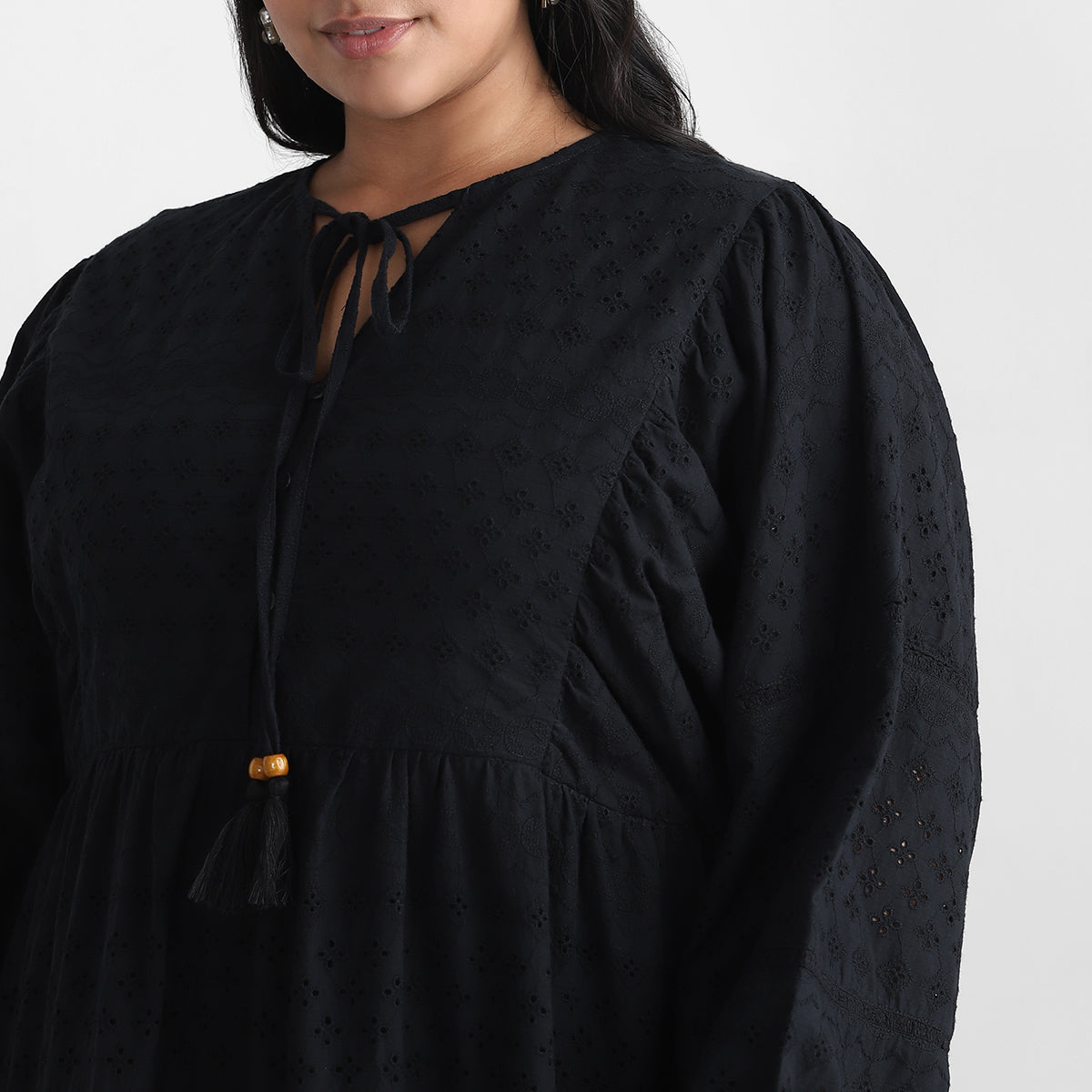 Black Cutwork Schiffli Cotton Plus Size Dress