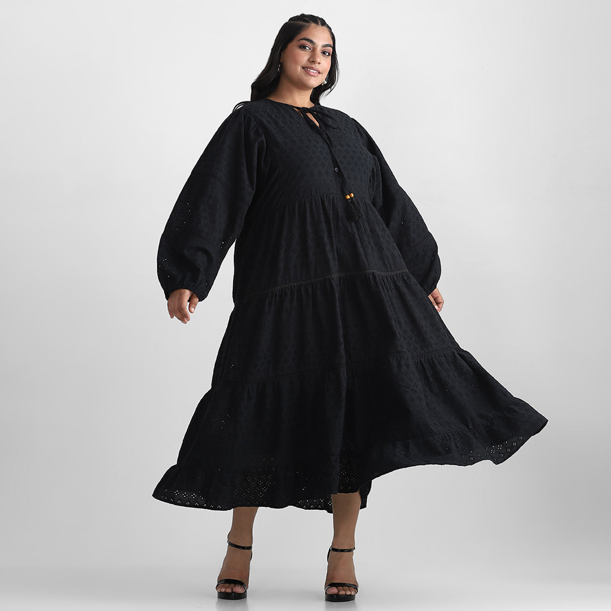 Black Cutwork Schiffli Cotton Plus Size Dress