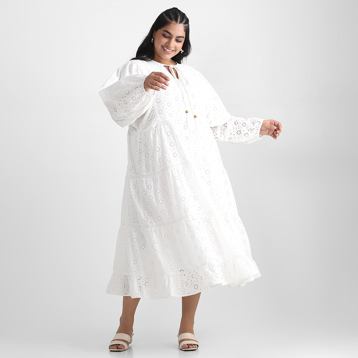 White Cutwork Schiffli Cotton Plus Size Dress