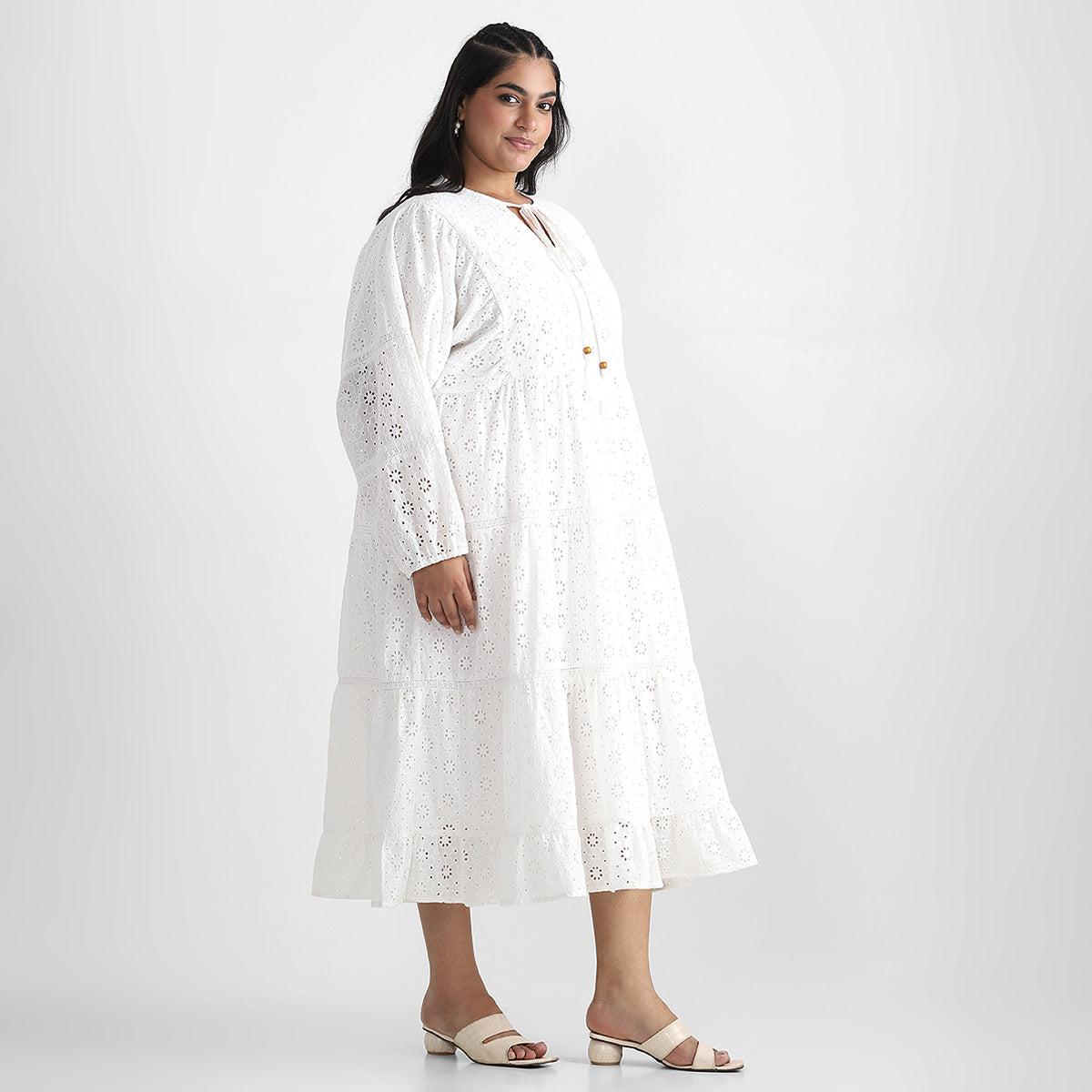 White Cutwork Schiffli Cotton Plus Size Dress