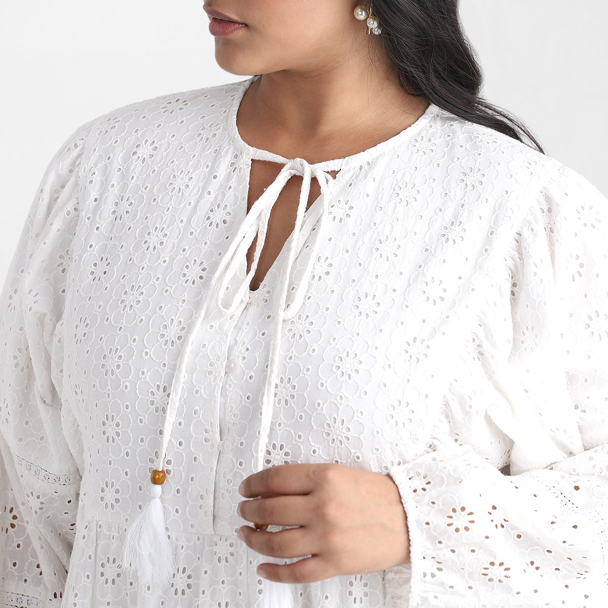 White Cutwork Schiffli Cotton Plus Size Dress