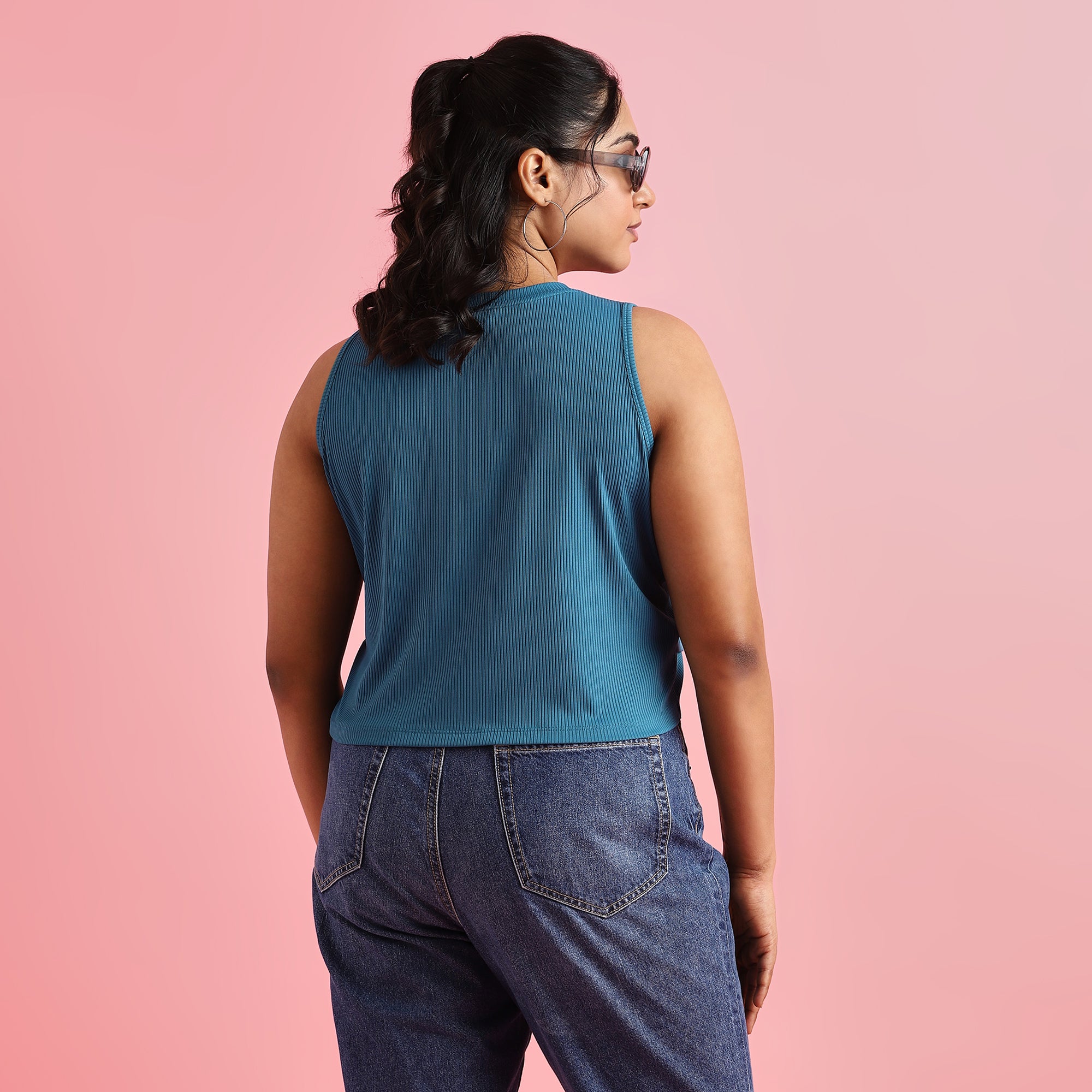 Teal Rib Plus Size Asymmetric Crop Top