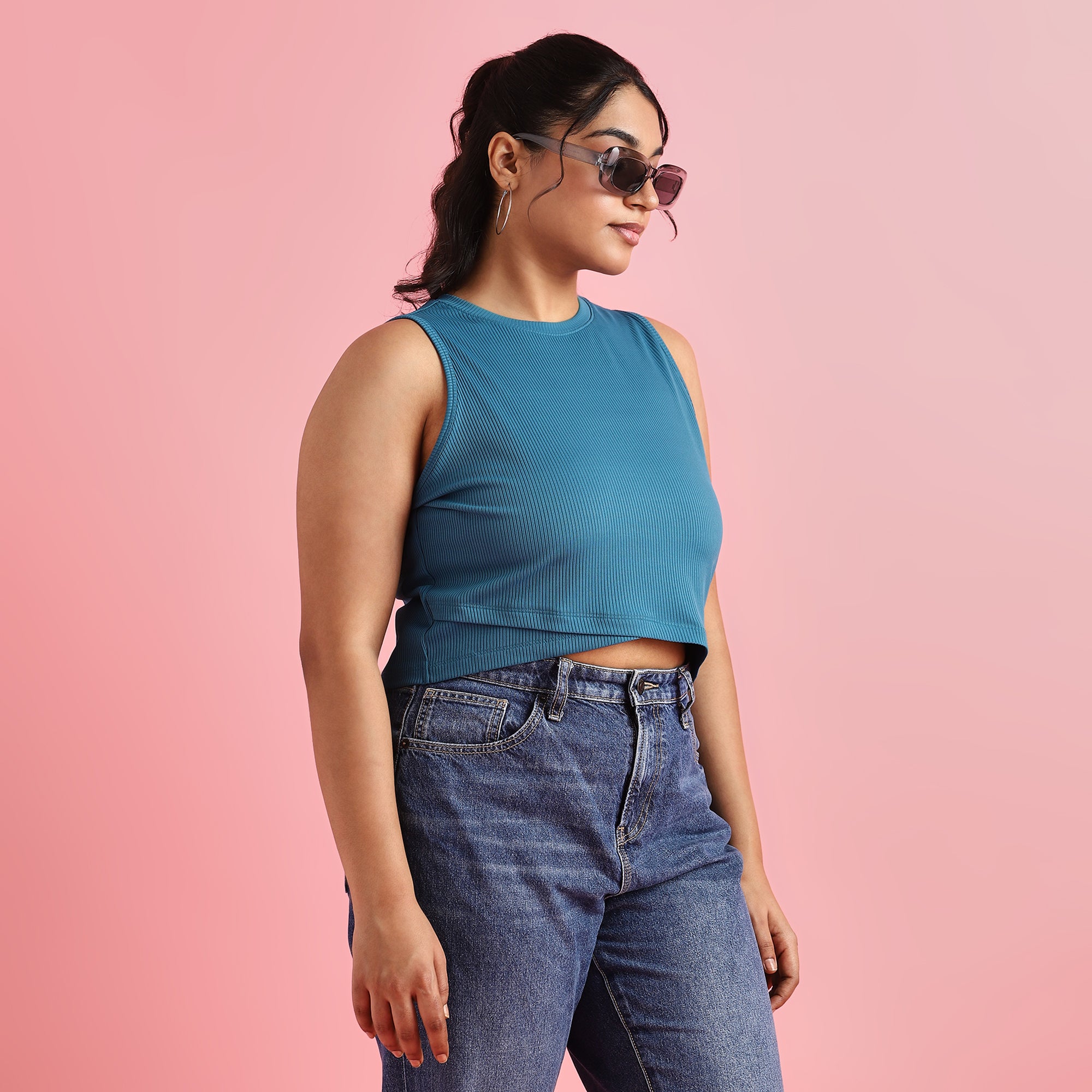 Teal Rib Plus Size Asymmetric Crop Top