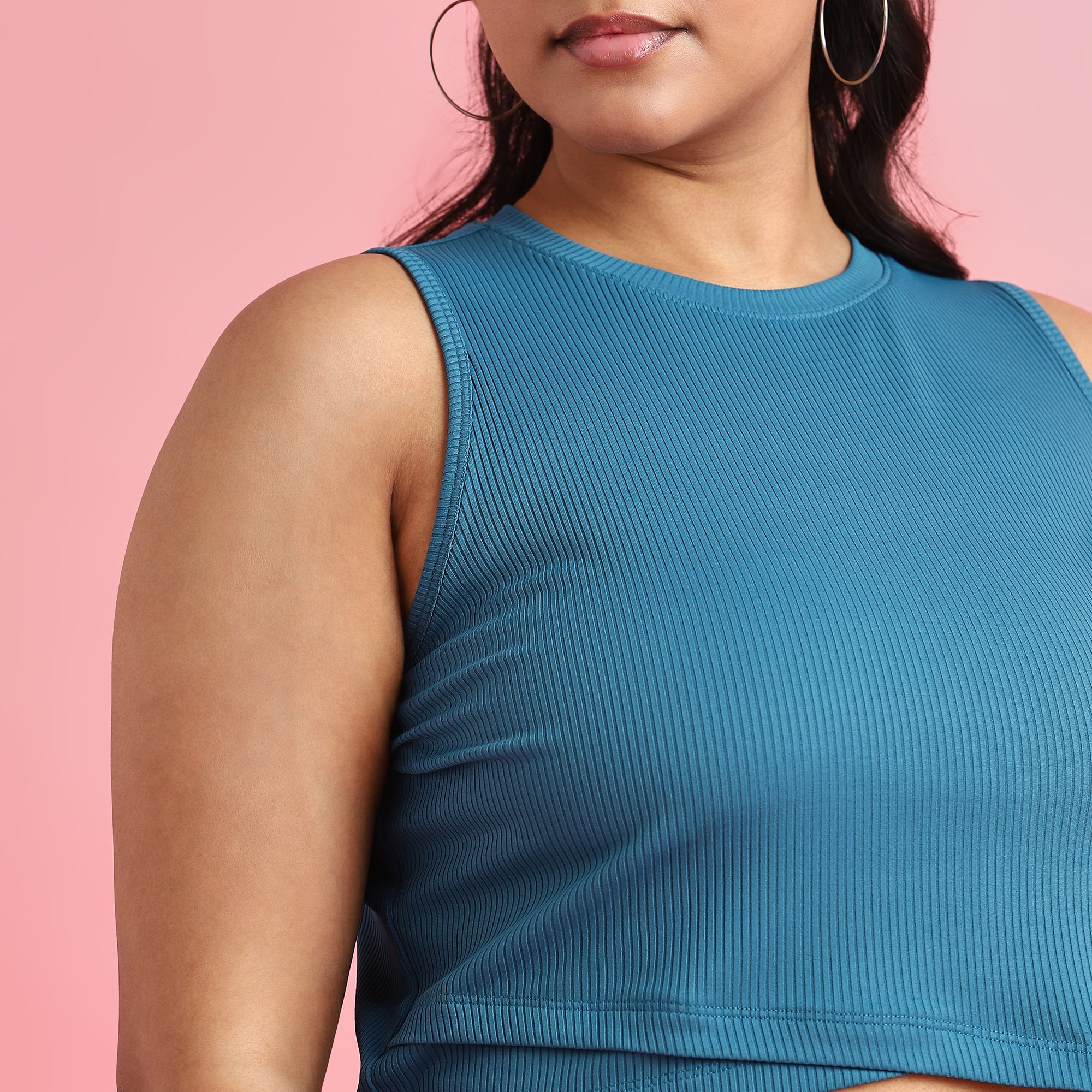 Teal Rib Plus Size Asymmetric Crop Top