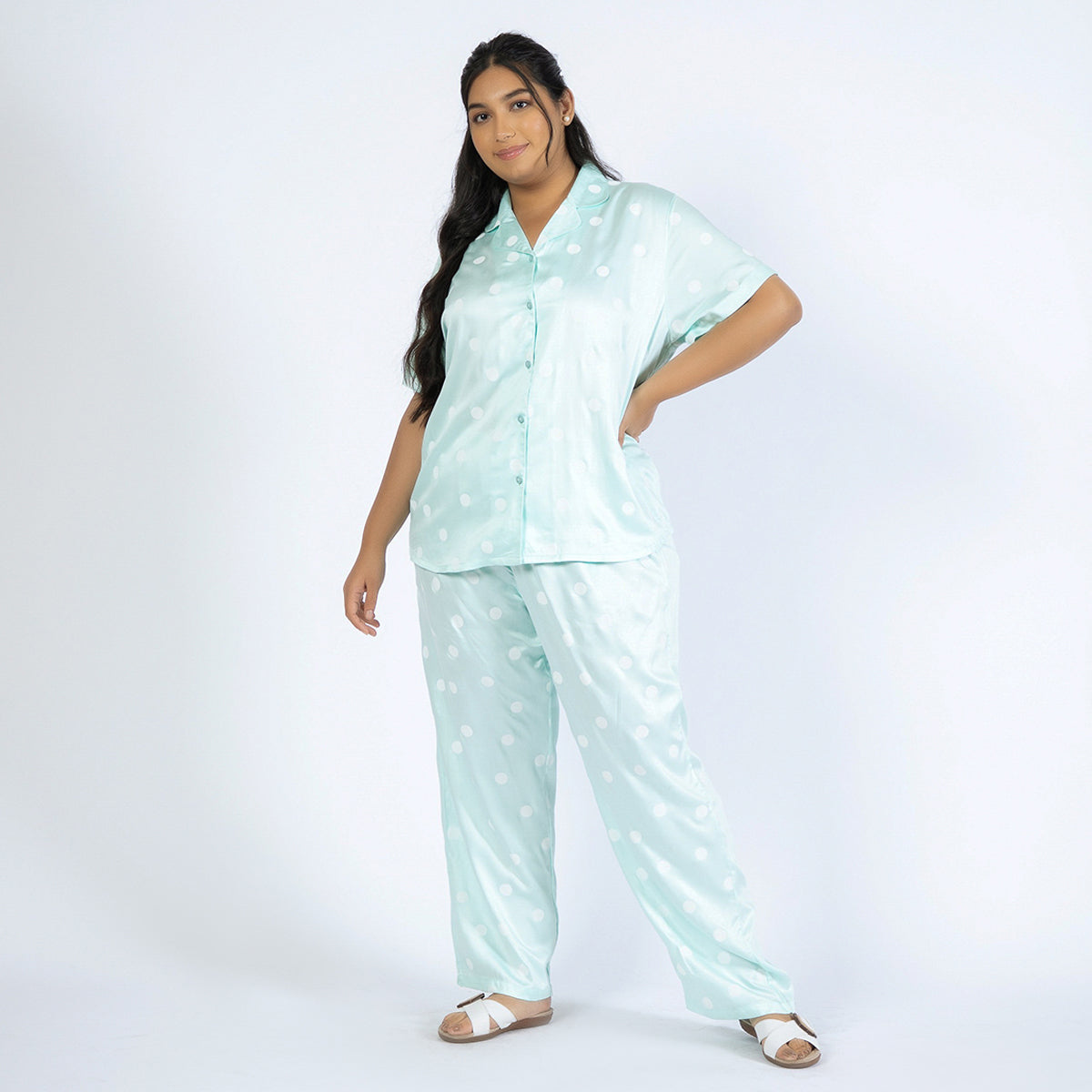 Turquoise Polka Print Plus Size Viscose PJ Set Product Image 1