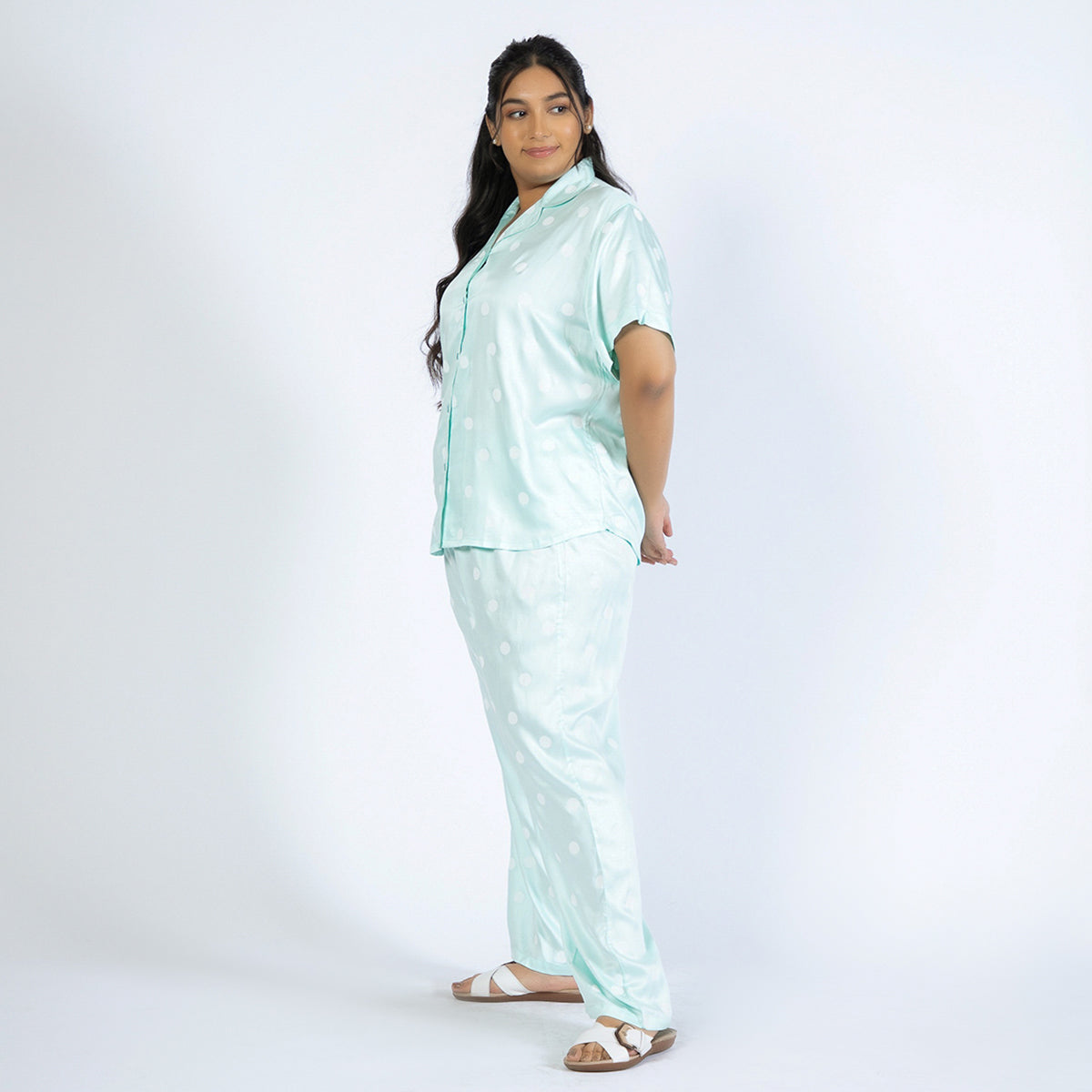 Turquoise Polka Print Plus Size Viscose PJ Set Product Image 3