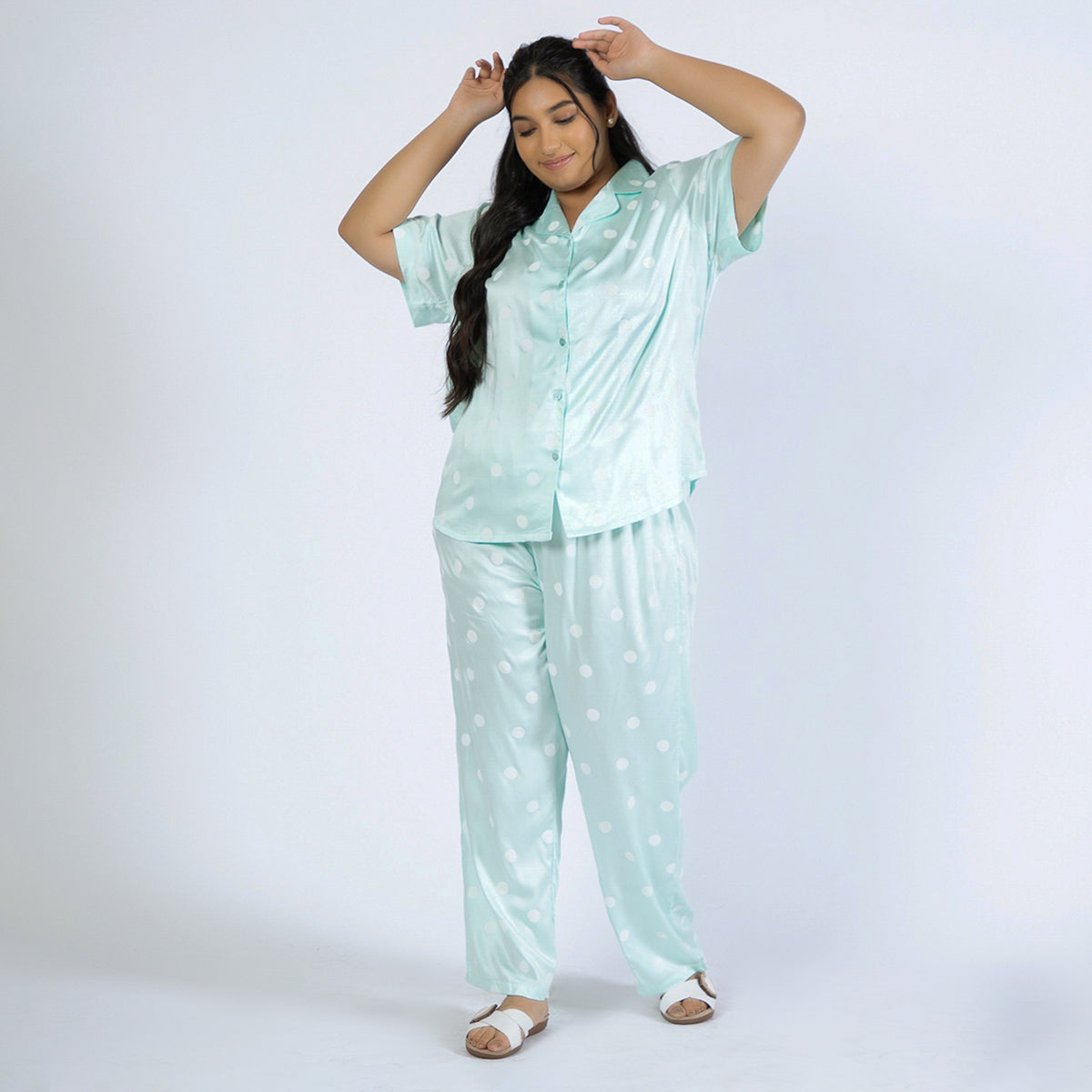 Turquoise Polka Print Plus Size Viscose PJ Set Product Image 4