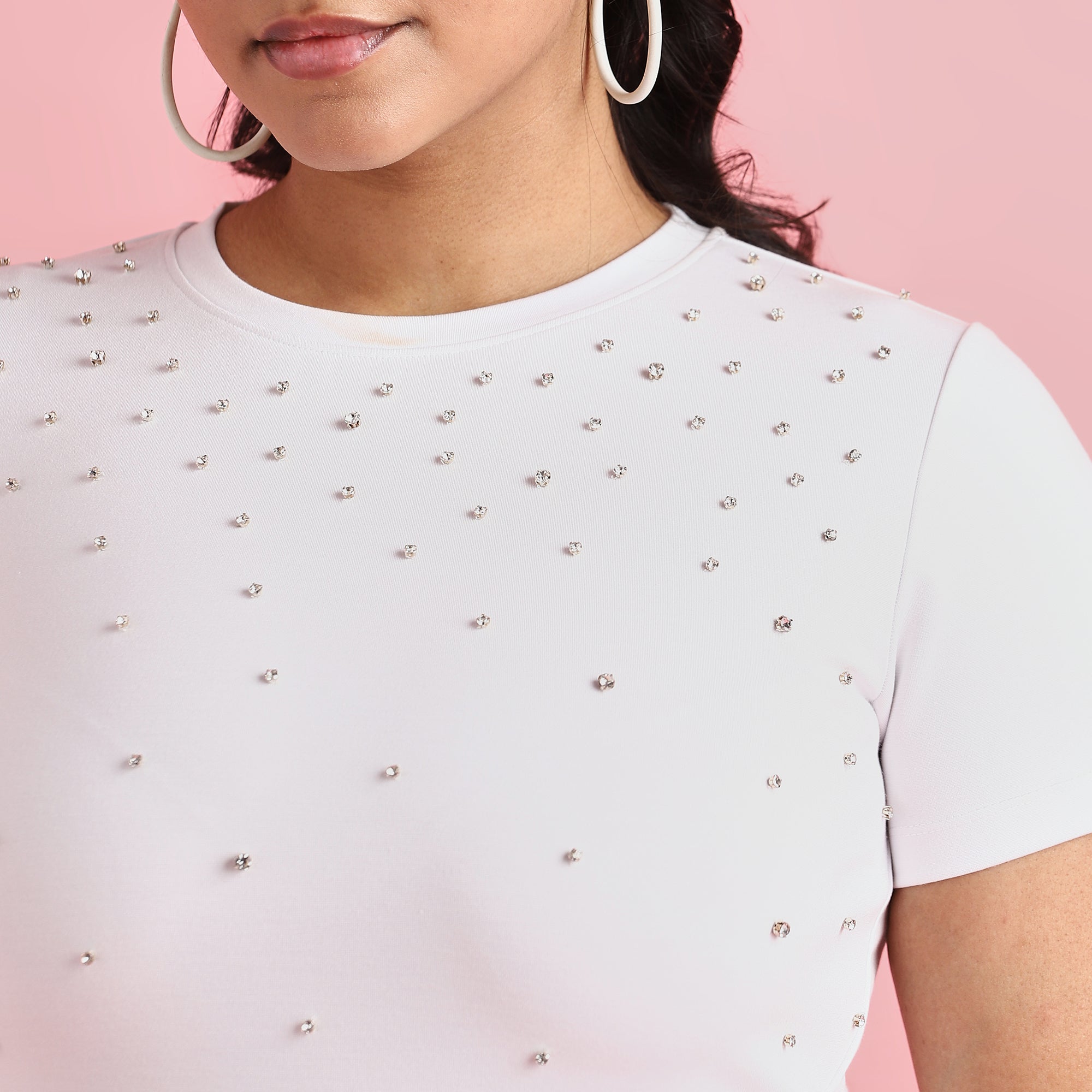 White Plus Size Rhinestone Embellished 4-Way Stretch Crop Top