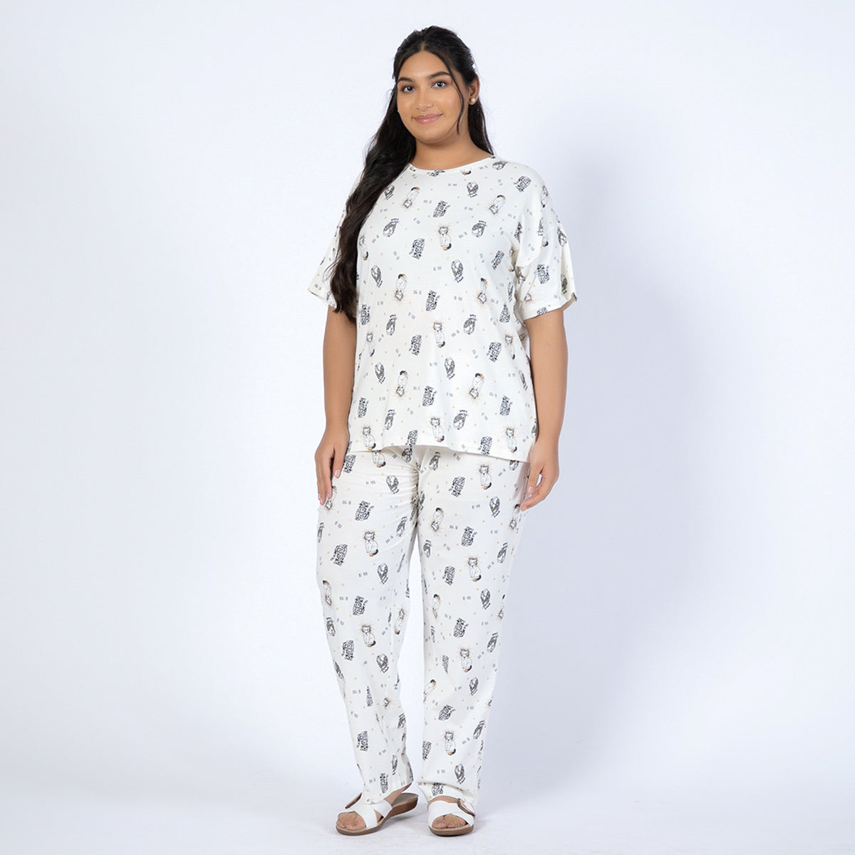 White Printed Cotton Jersey Plus Size PJ Set Product Image 1