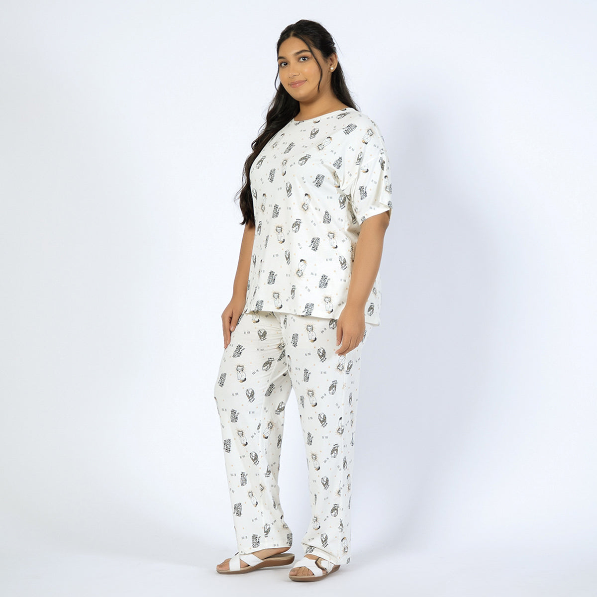 White Printed Cotton Jersey Plus Size PJ Set Product Image 2