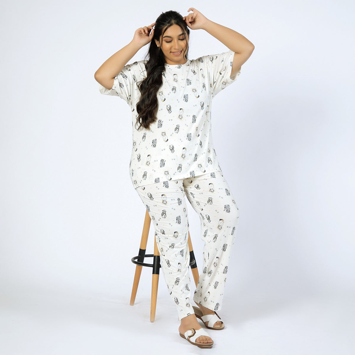 White Printed Cotton Jersey Plus Size PJ Set Product Image 4