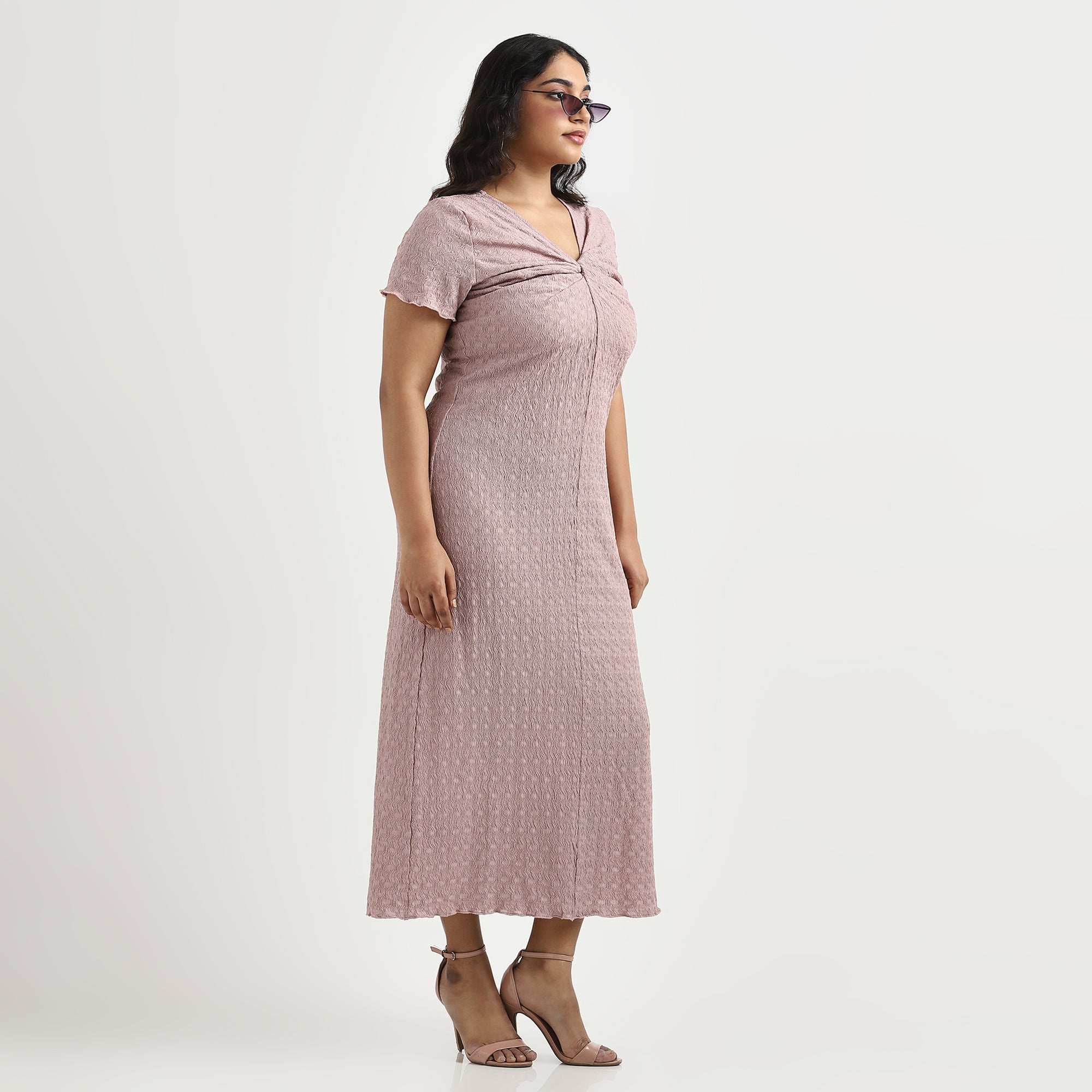 Image showcasing Women wearing Dusty Pink Twist Detail Midi Dress