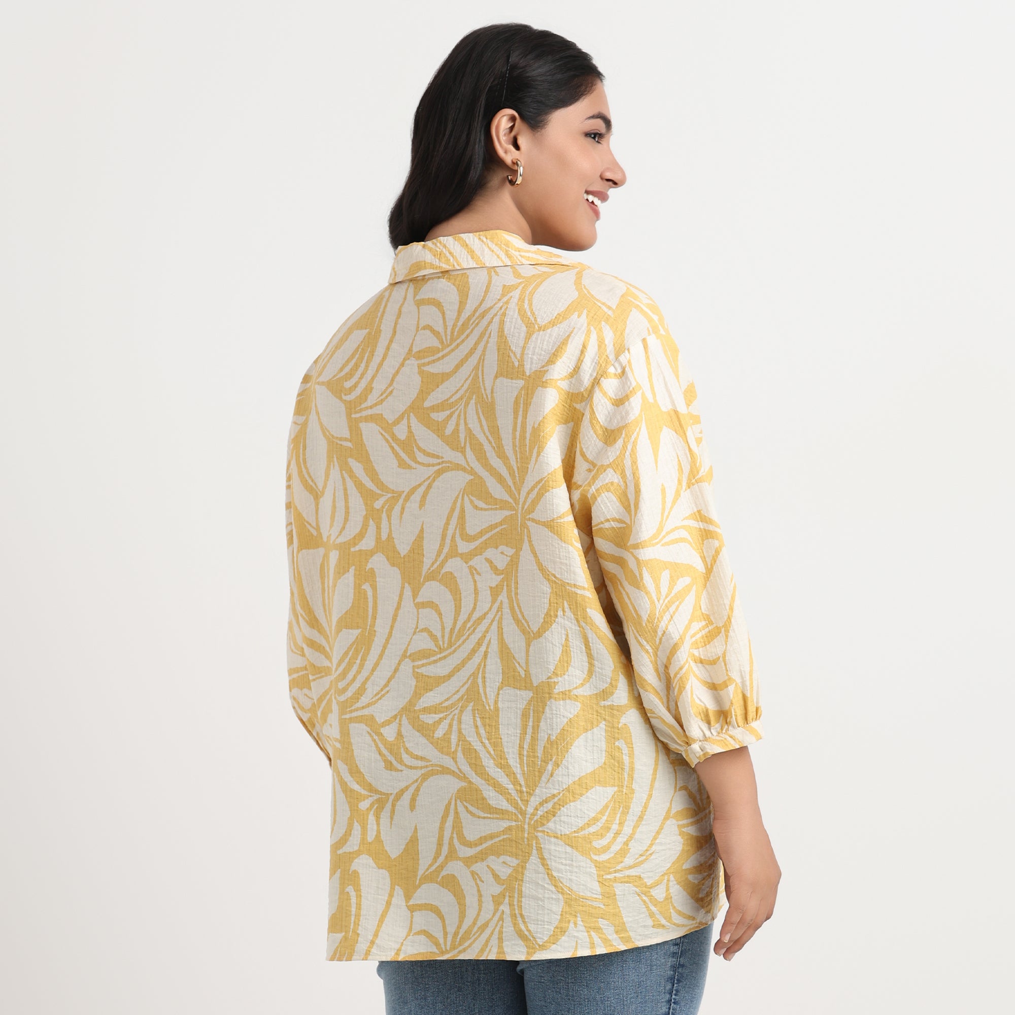 Bright yellow printed shirt, ideal for plus-size casual wear
