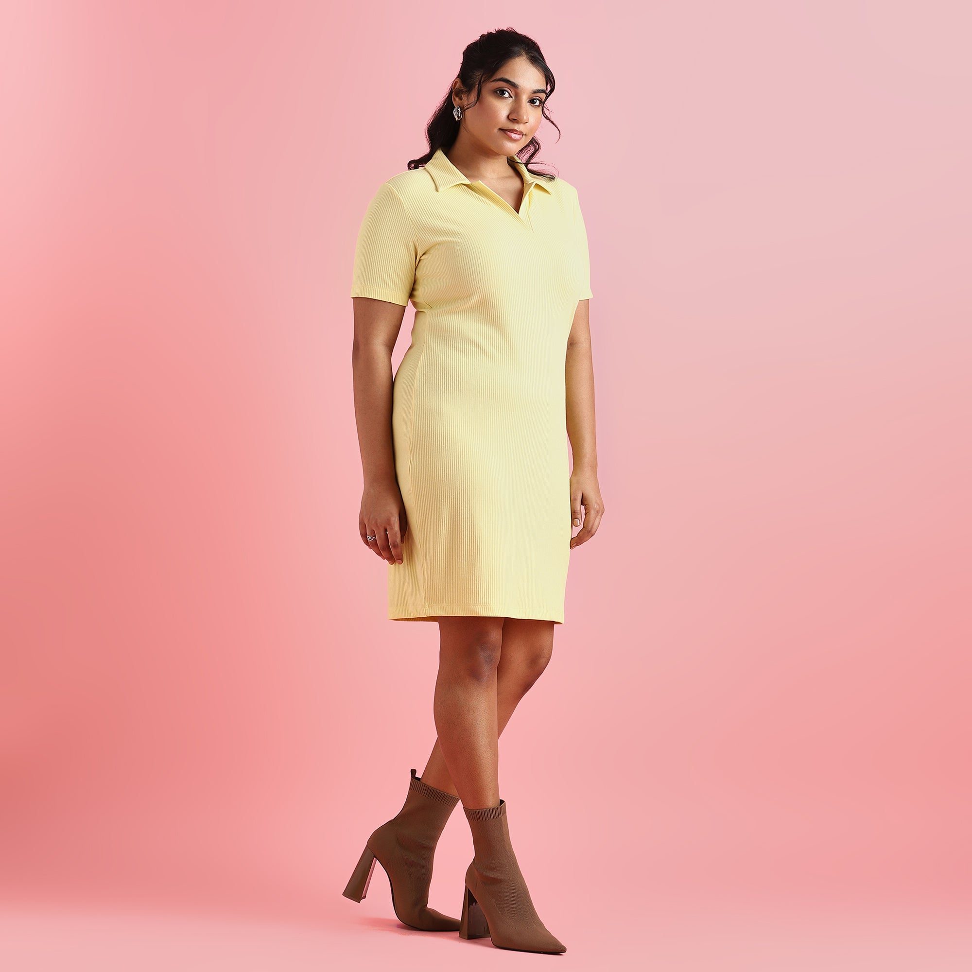 Yellow Rib Plus Size Collared Dress