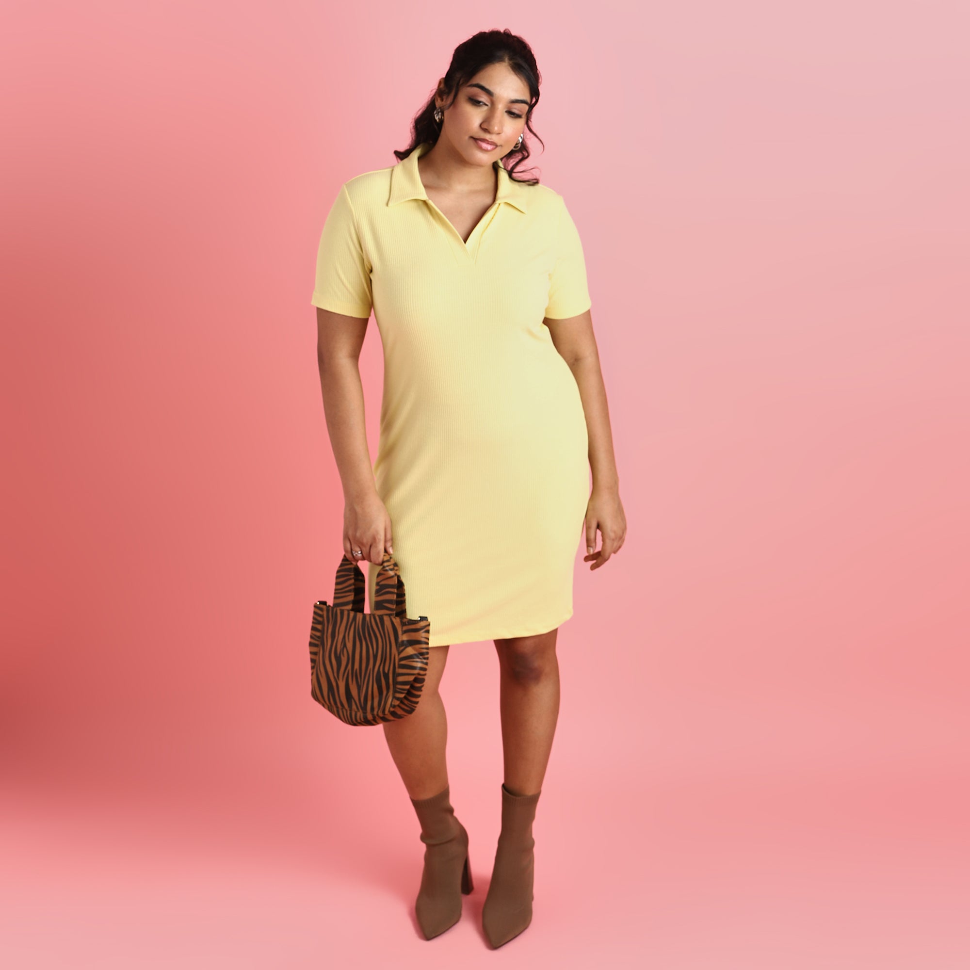 Yellow Rib Plus Size Collared Dress